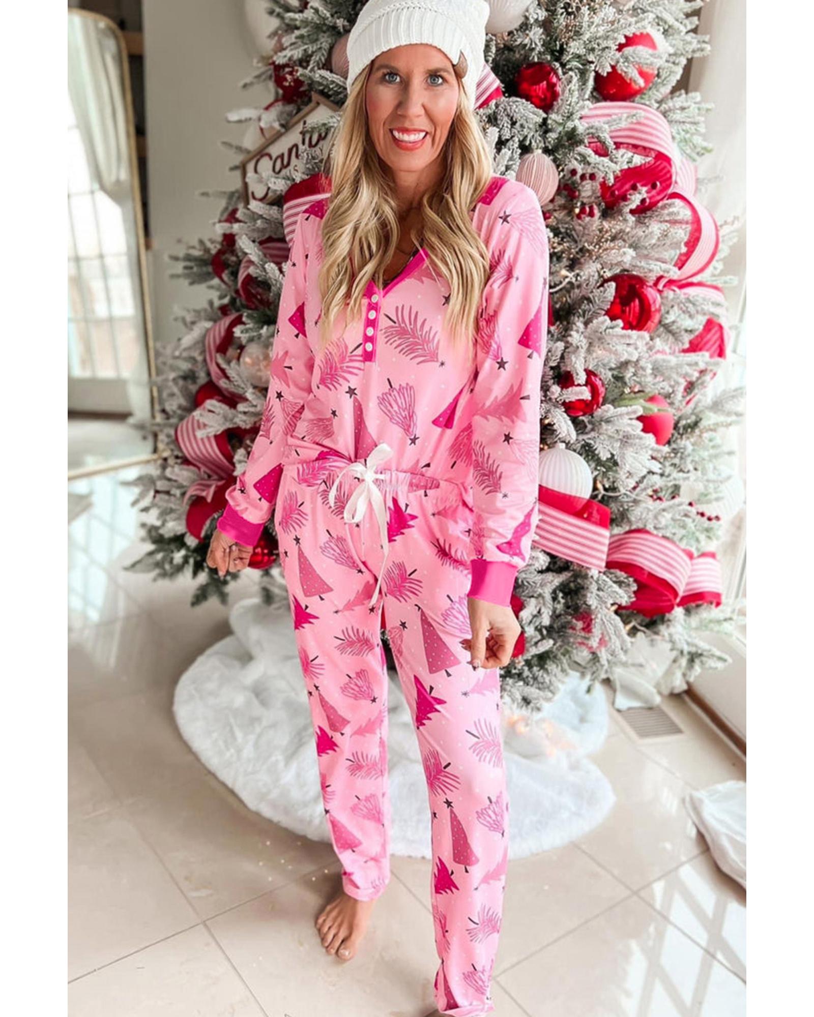 Pink Christmas Tree Print V Neck Buttoned Pullover and Drawstring Pants Lounge Set - XL