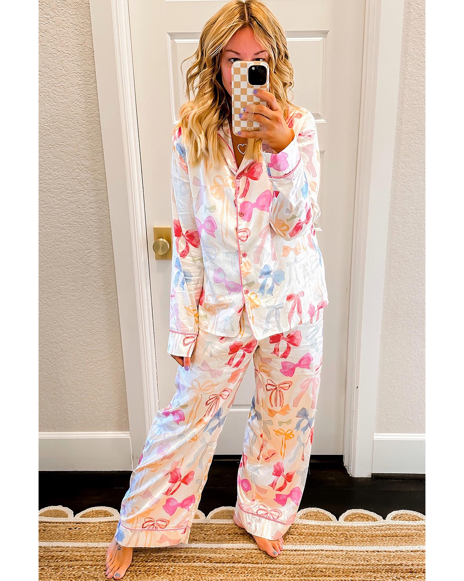 White Bow Knot Print Lapel Collar Wide Leg Satin Pajama Set - L