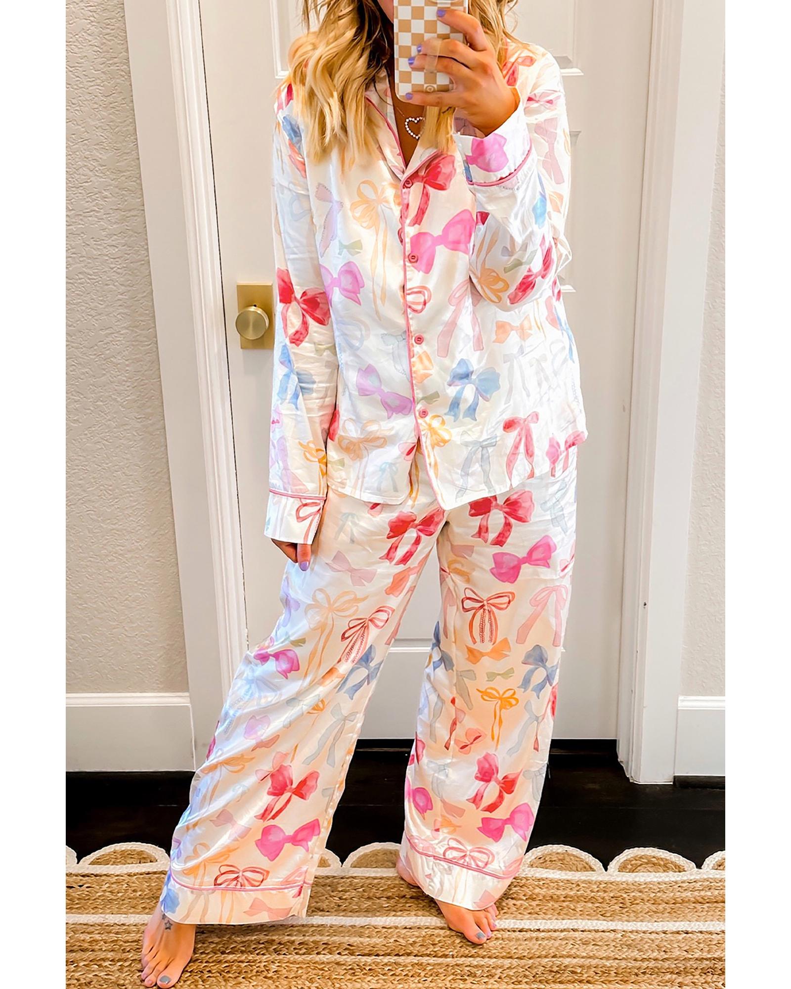 White Bow Knot Print Lapel Collar Wide Leg Satin Pajama Set - M