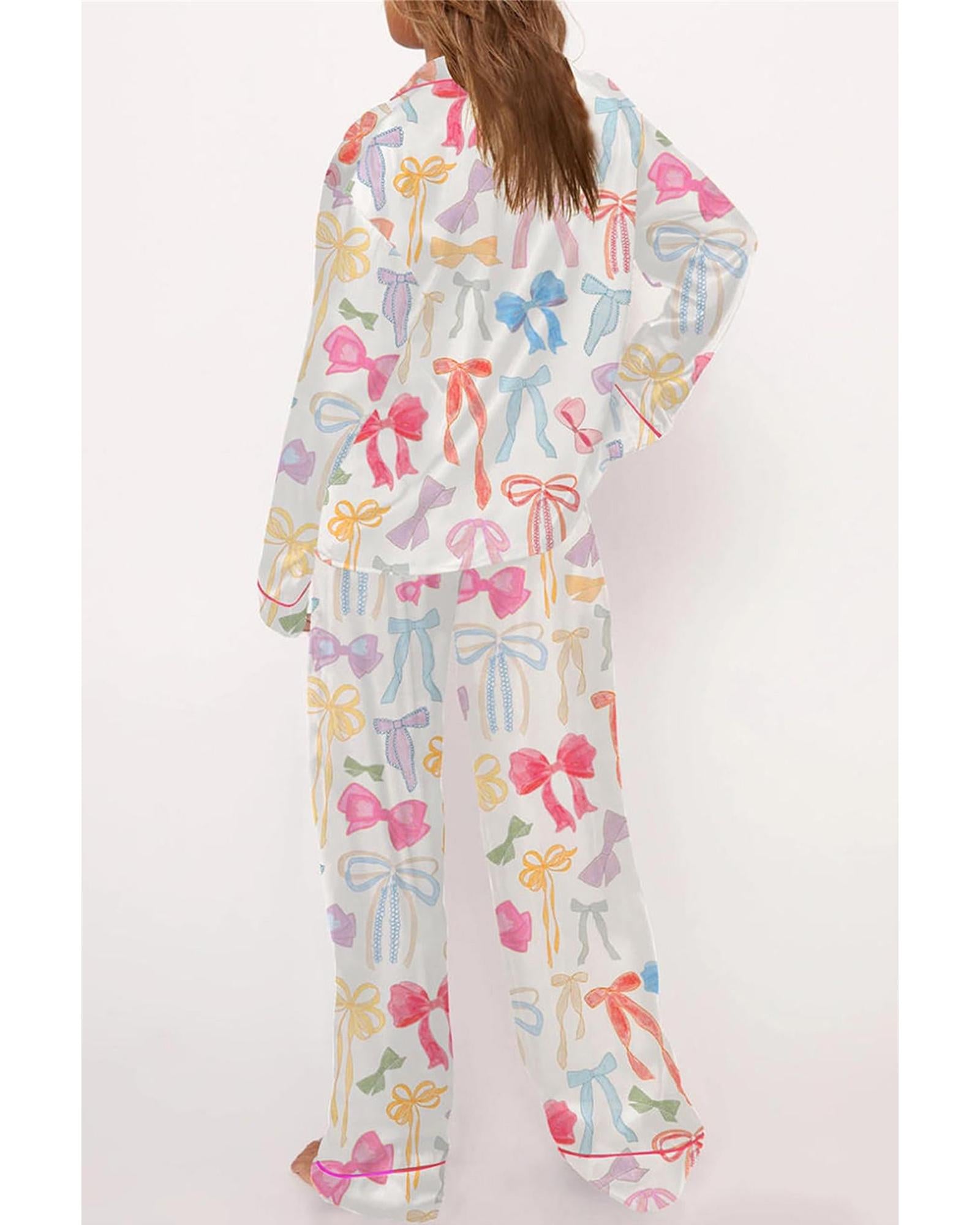 White Bow Knot Print Lapel Collar Wide Leg Satin Pajama Set - M