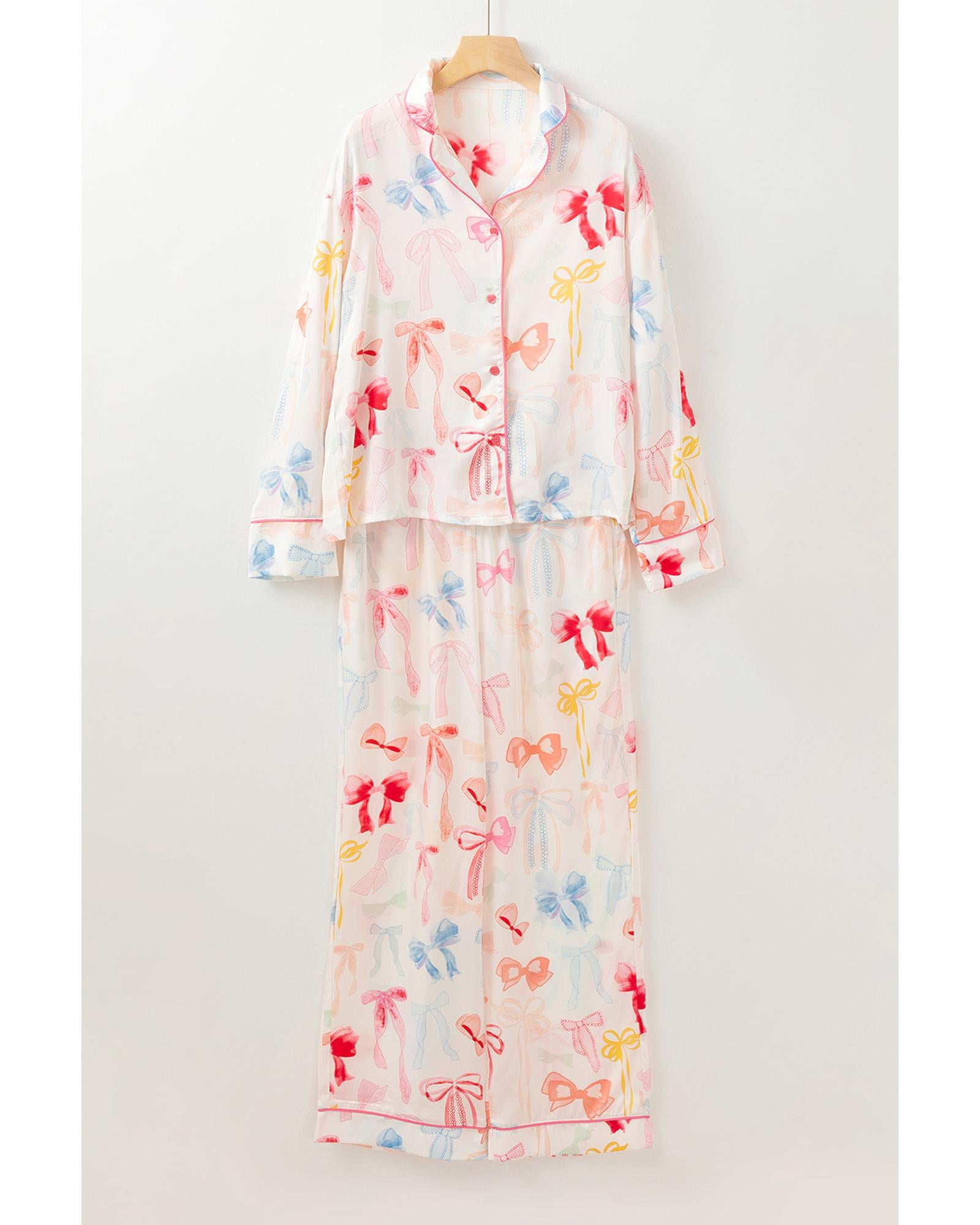 White Bow Knot Print Lapel Collar Wide Leg Satin Pajama Set - M