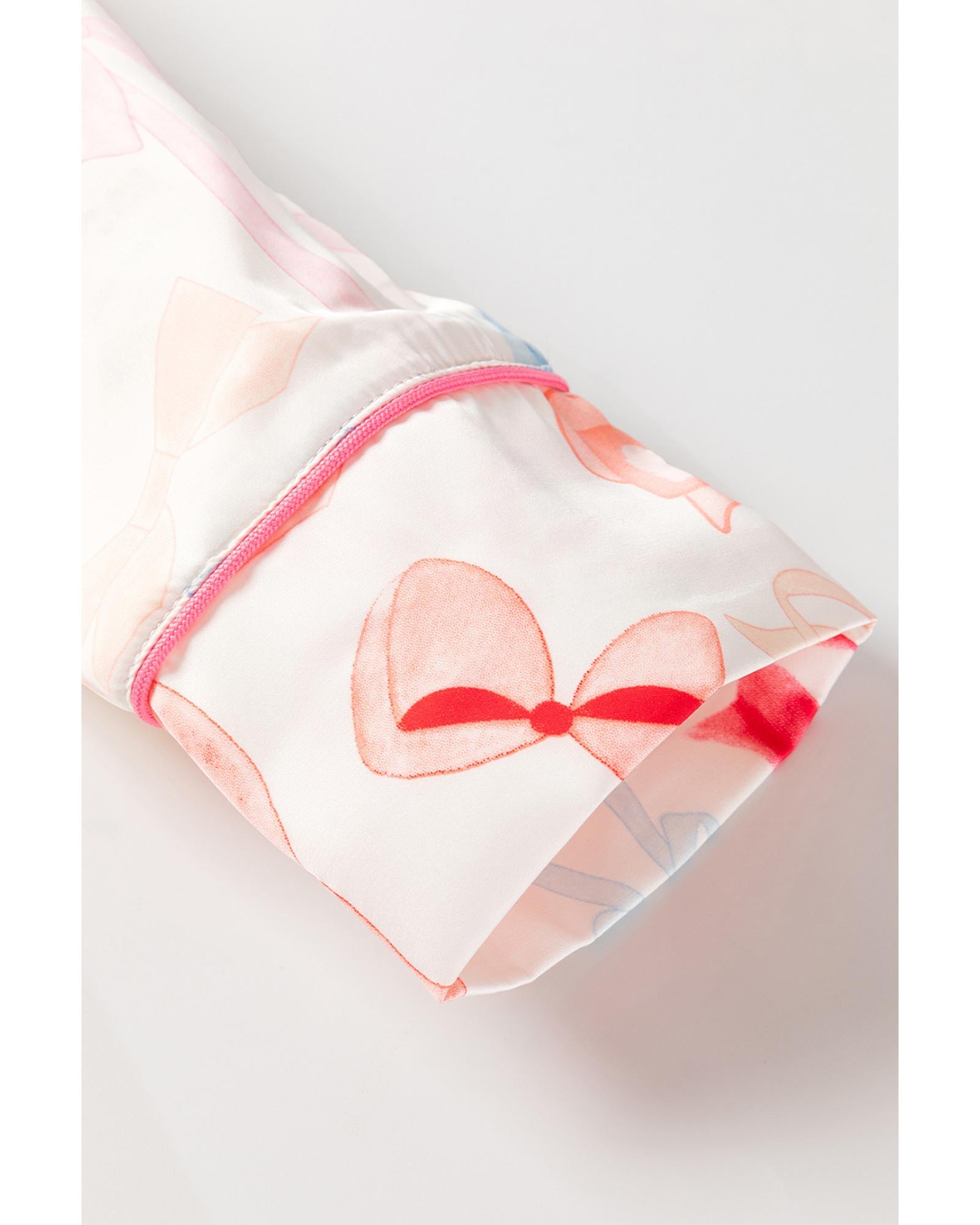 White Bow Knot Print Lapel Collar Wide Leg Satin Pajama Set - M