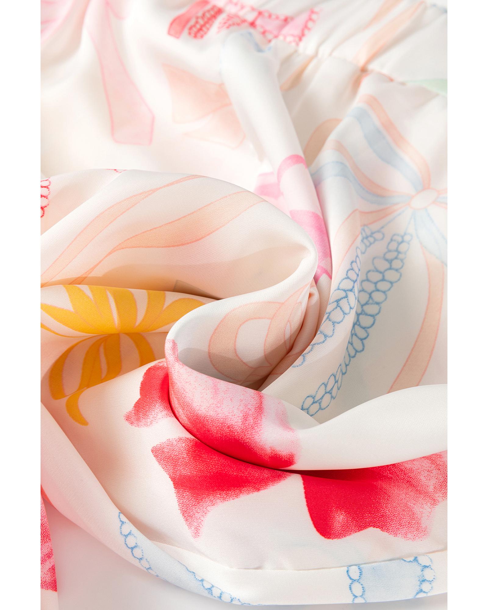 White Bow Knot Print Lapel Collar Wide Leg Satin Pajama Set - S