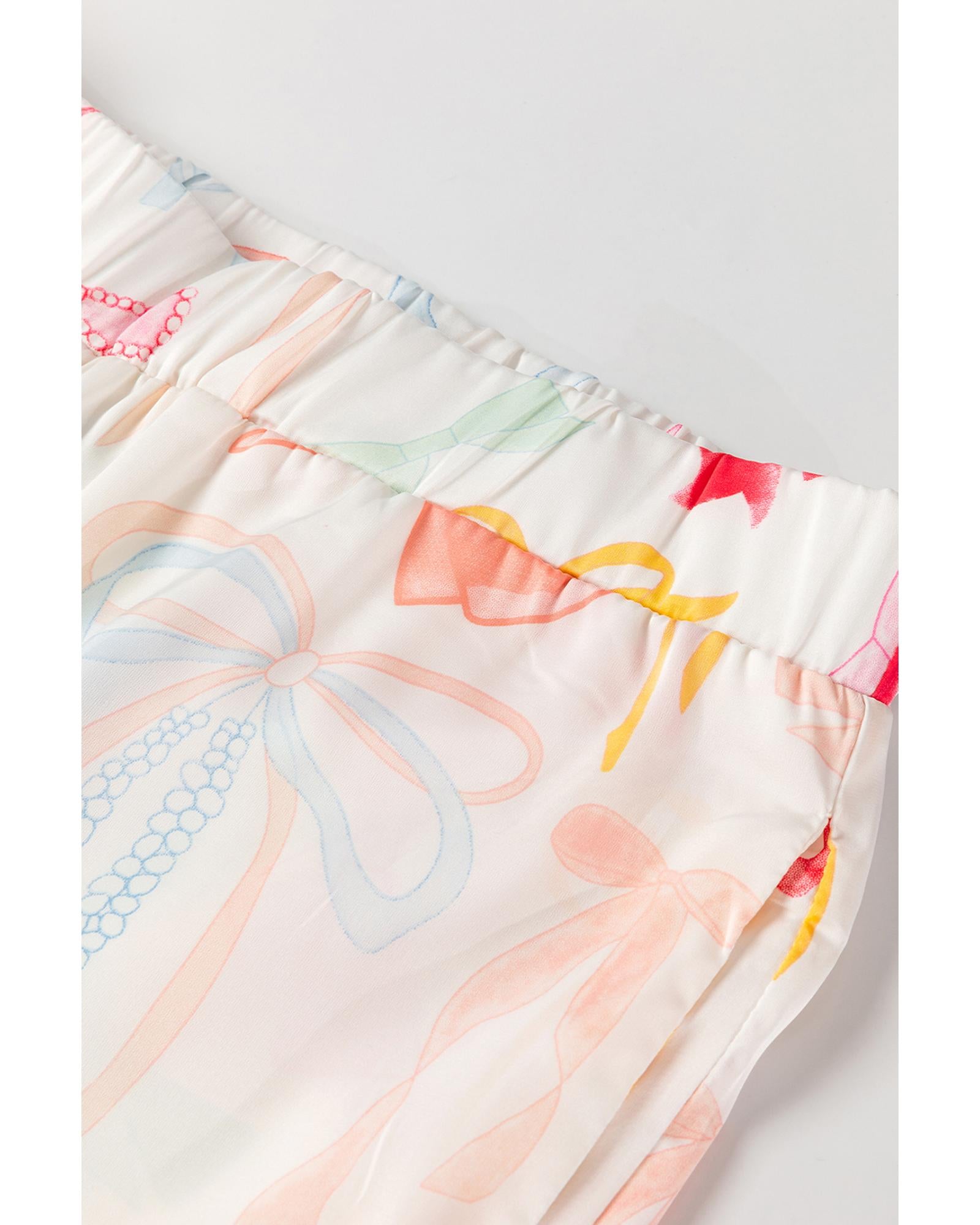 White Bow Knot Print Lapel Collar Wide Leg Satin Pajama Set - S