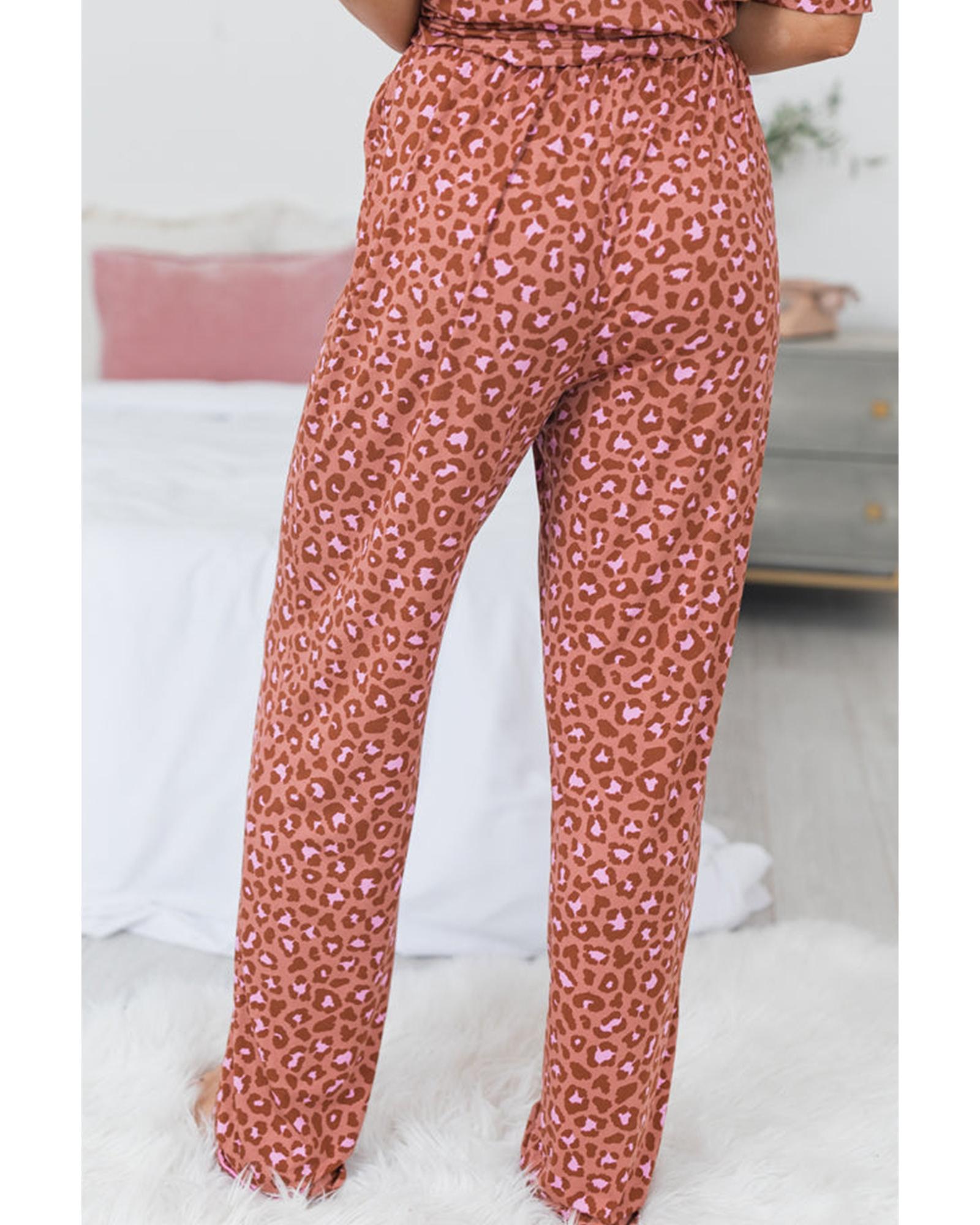 Brown Leopard Print Short Sleeve Shirt and Pants Pajamas Set - L