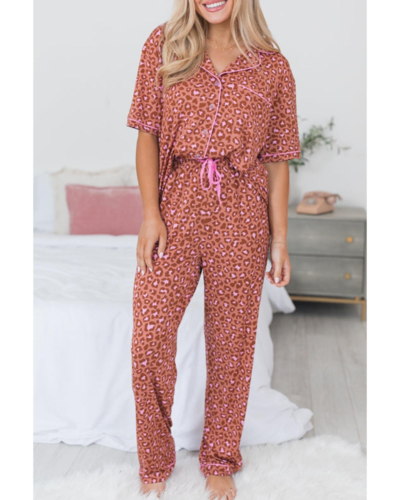 Brown Leopard Print Short Sleeve Shirt and Pants Pajamas Set - S