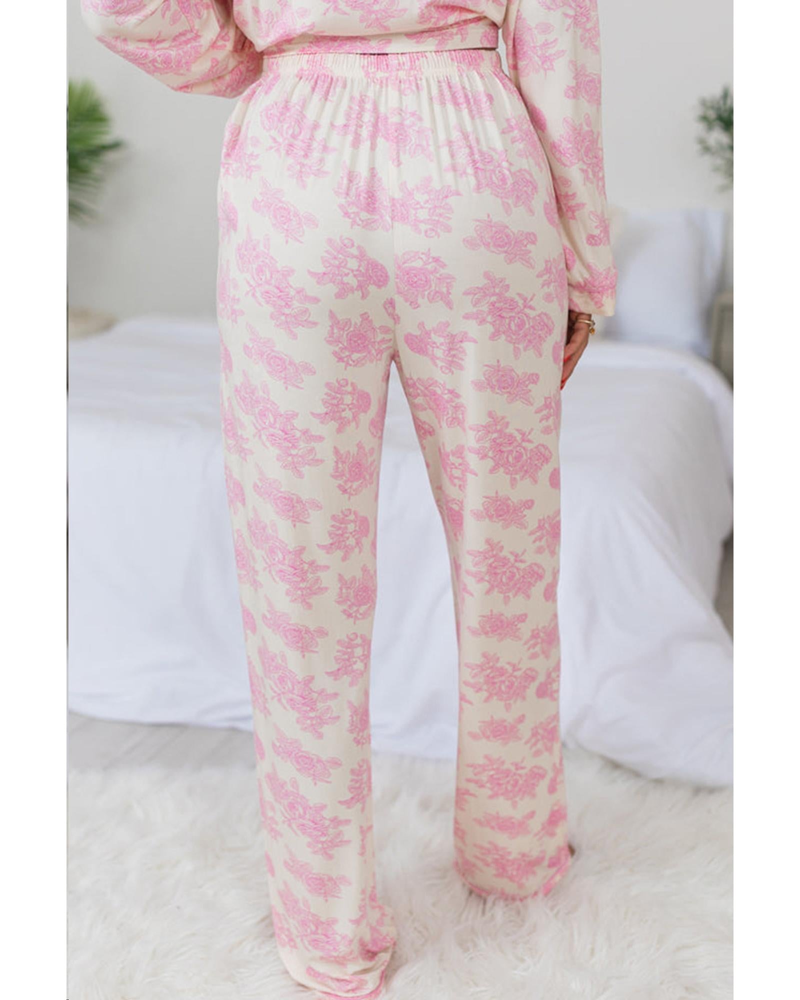 Pink Floral Long Sleeve and Pants Pajamas Set - XL