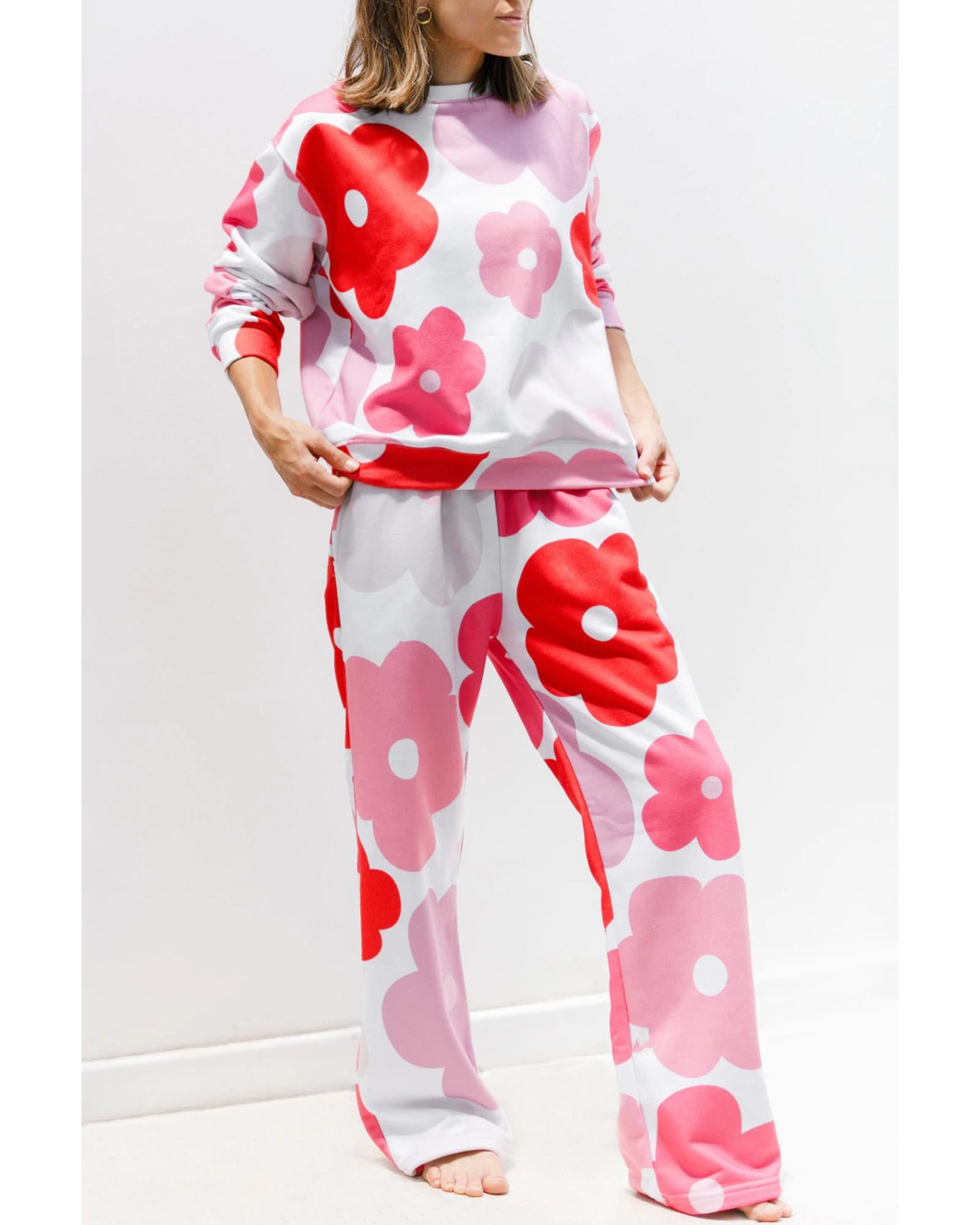 White Floral Print Pullover Top Sweatpants Lounge Set - S