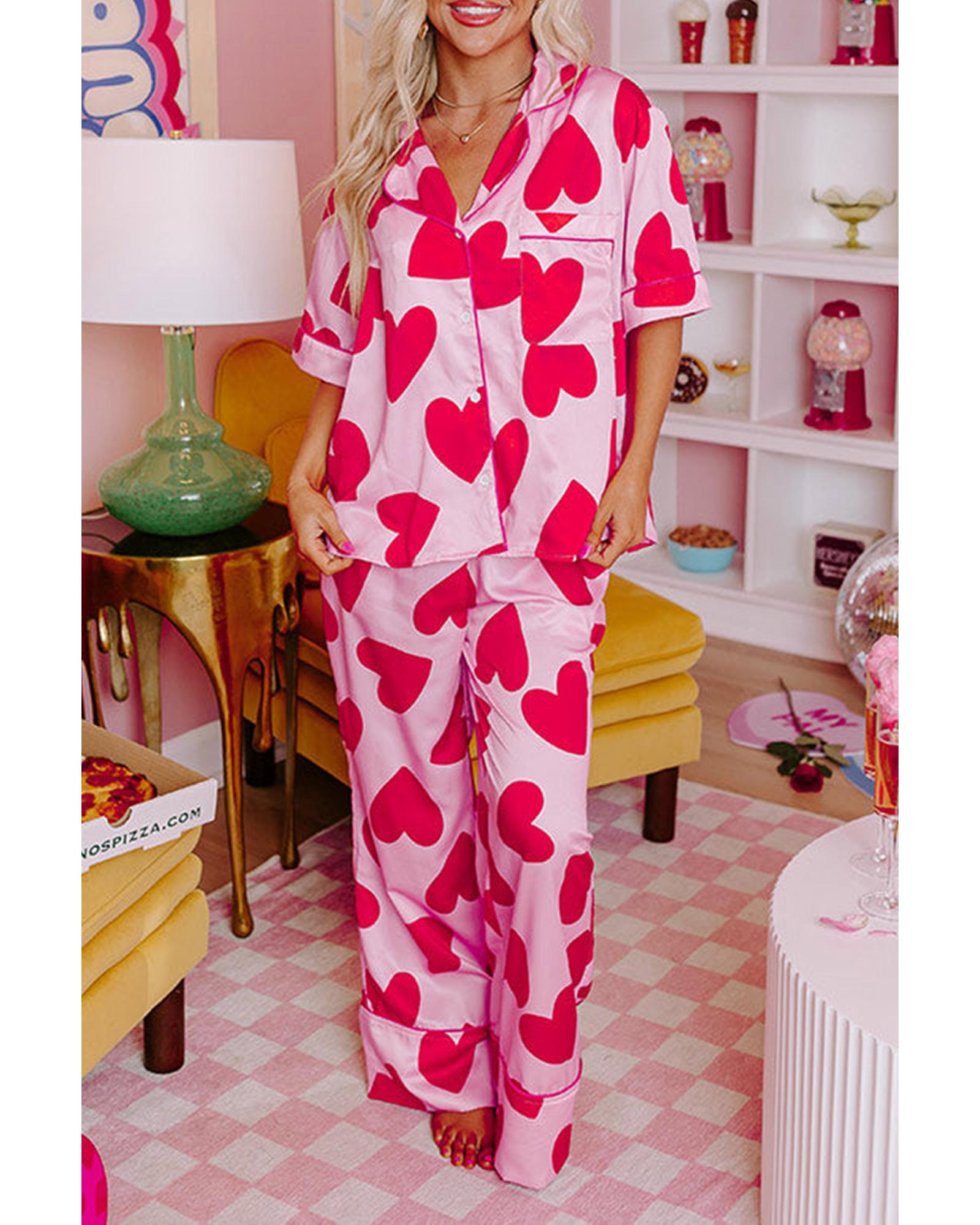 Pink Classic Heart Valentines Short Sleeve Pants Pajamas Set - M