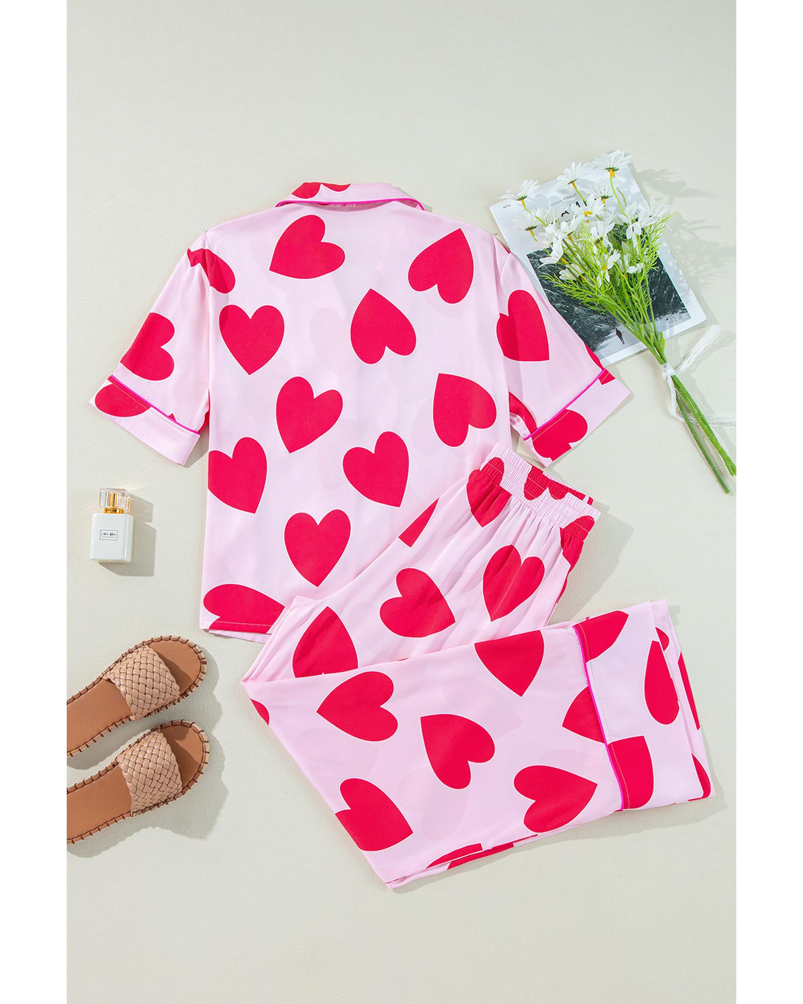 Pink Classic Heart Valentines Short Sleeve Pants Pajamas Set - M