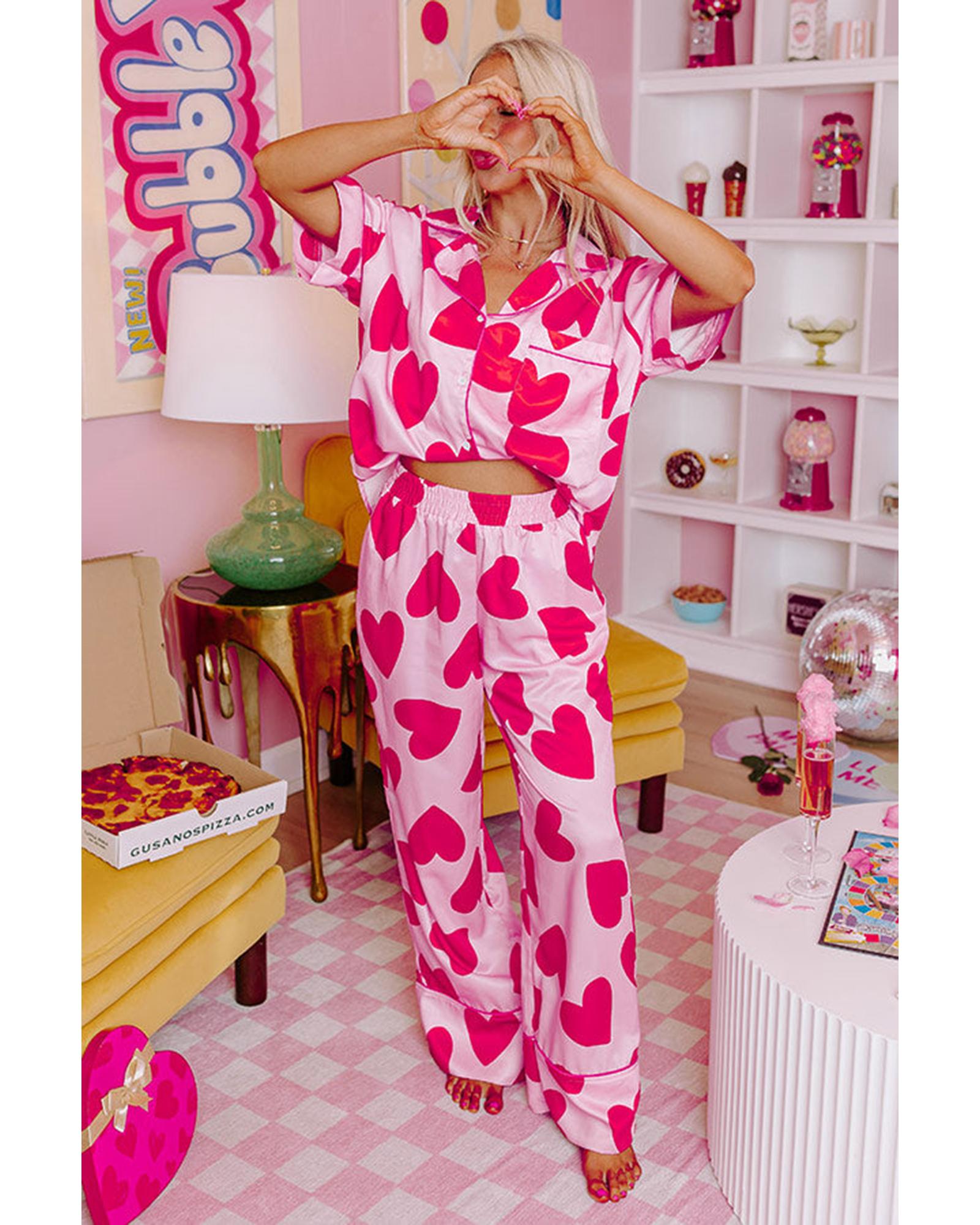 Pink Classic Heart Valentines Short Sleeve Pants Pajamas Set - M