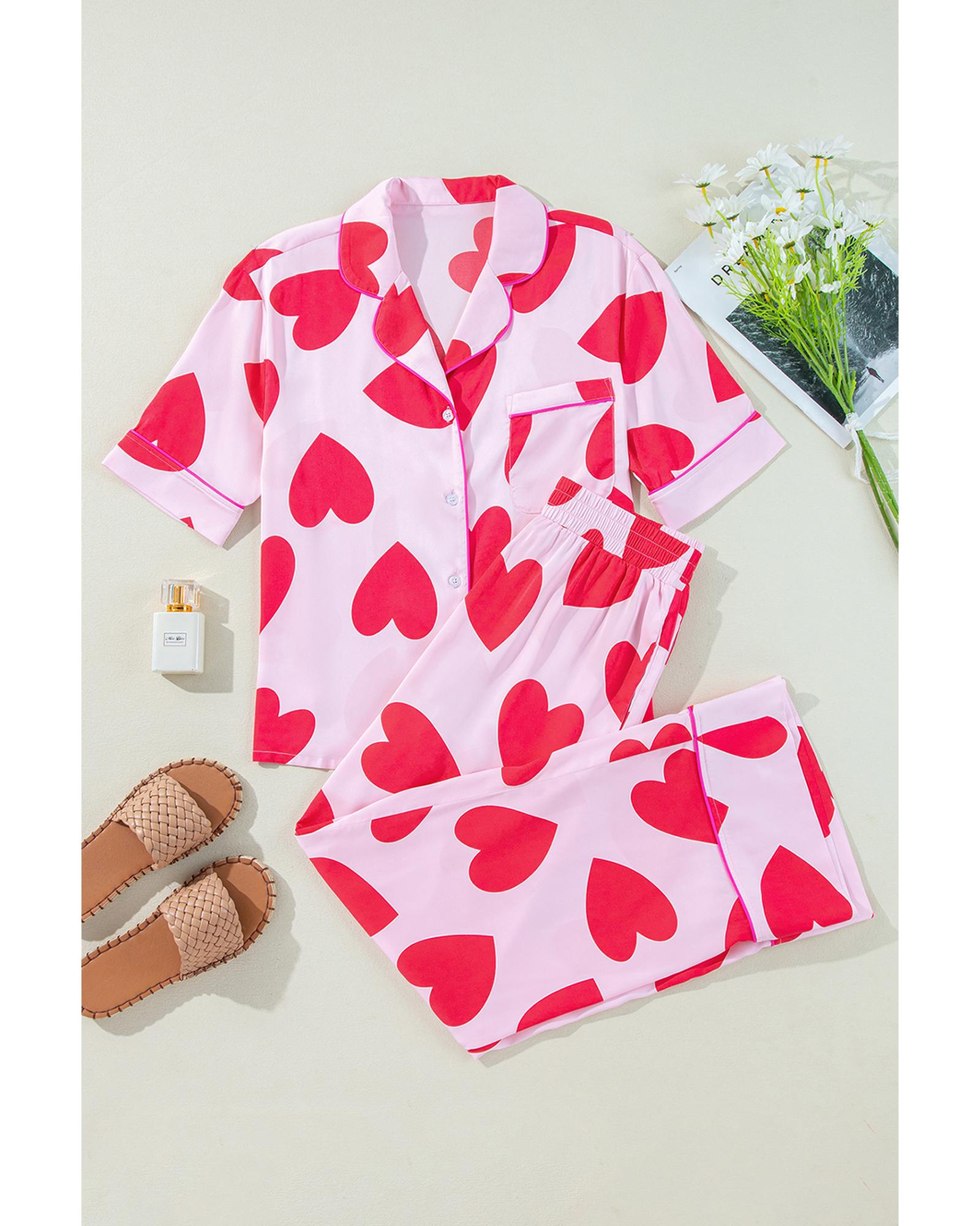 Pink Classic Heart Valentines Short Sleeve Pants Pajamas Set - M