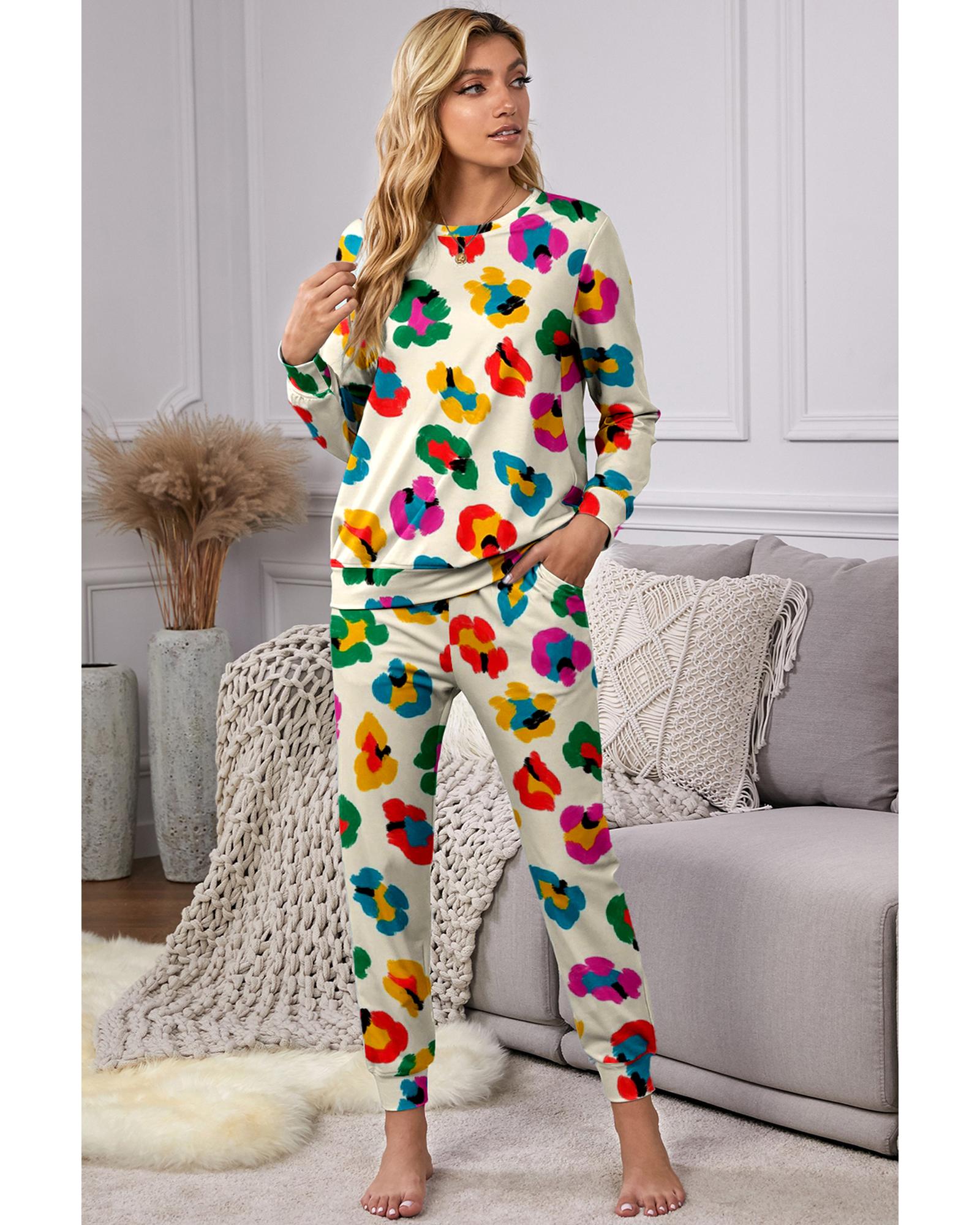 Apricot Leopard Print Long Sleeve Top and Skinny Pants Lounge Set - S