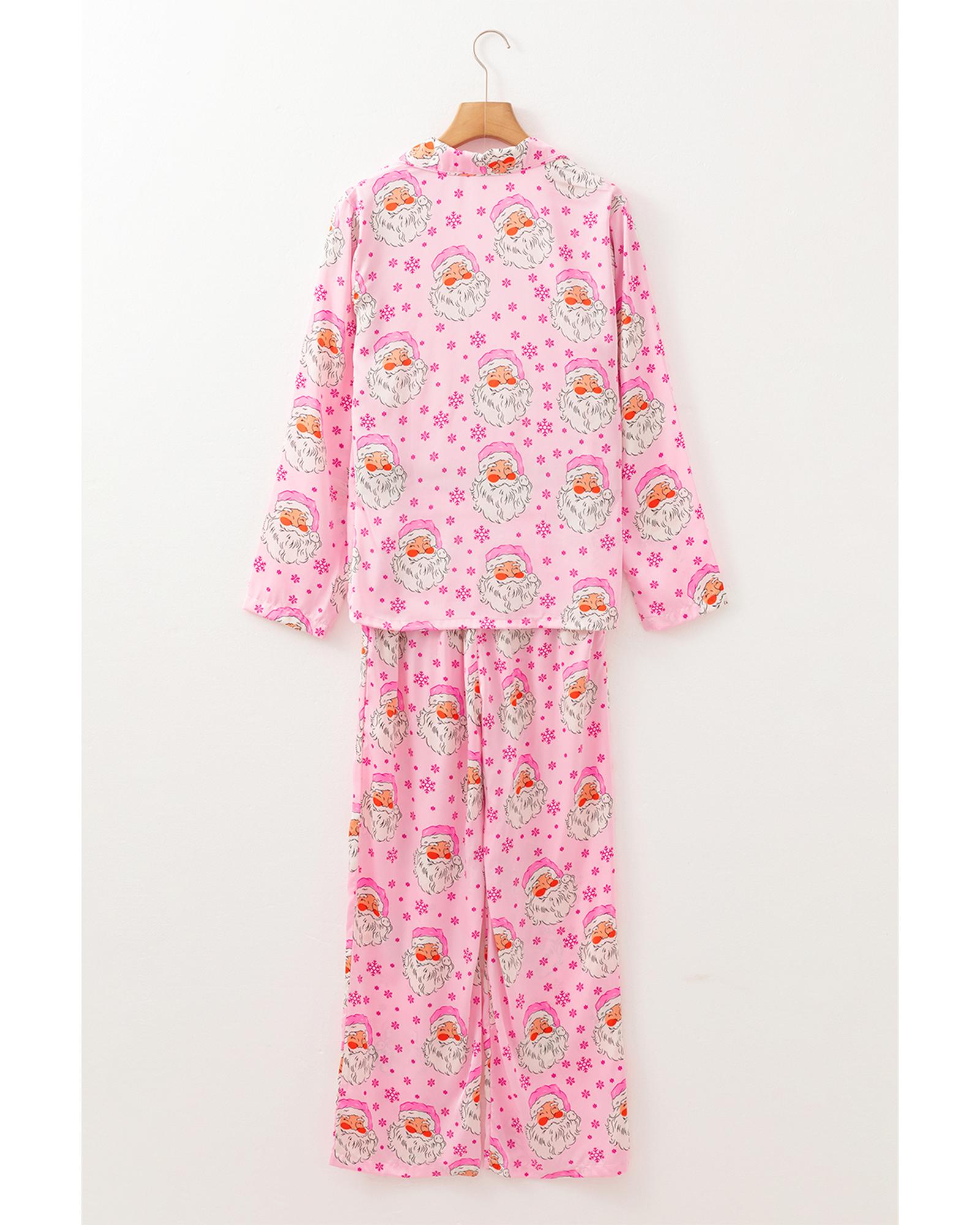 Pink Santa Claus Snowflake Long Sleeve Shirt Christmas Pajama Set - L