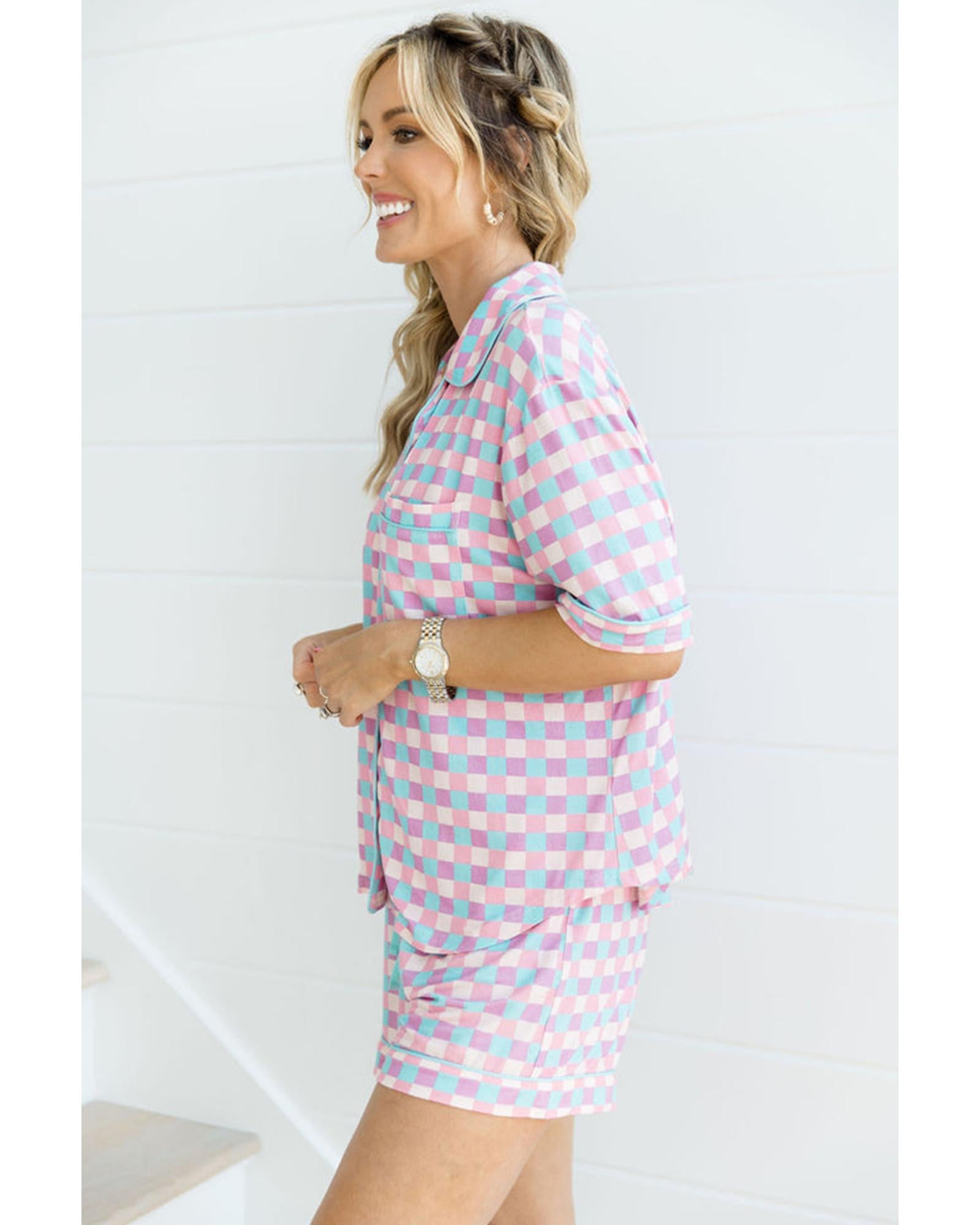 Purple Checkered Pattern Short Sleeve Pajamas Set - S