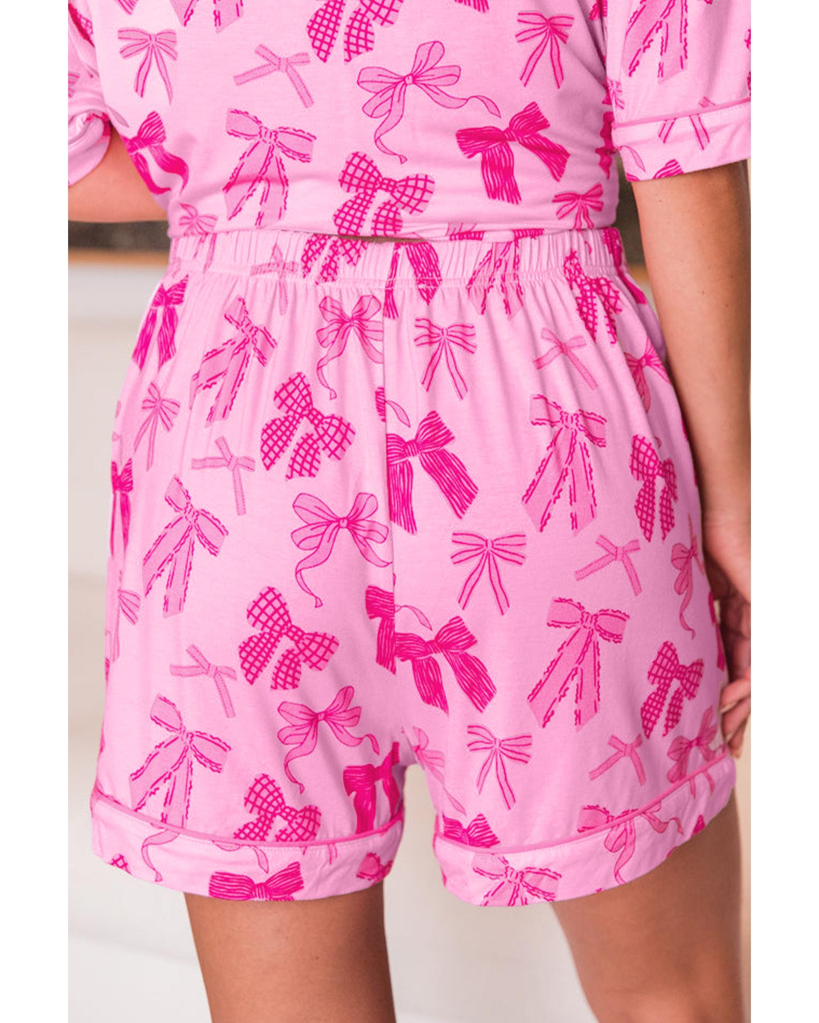Pink Bow Print Half Sleeve Shirt and Shorts Pajamas Set - L
