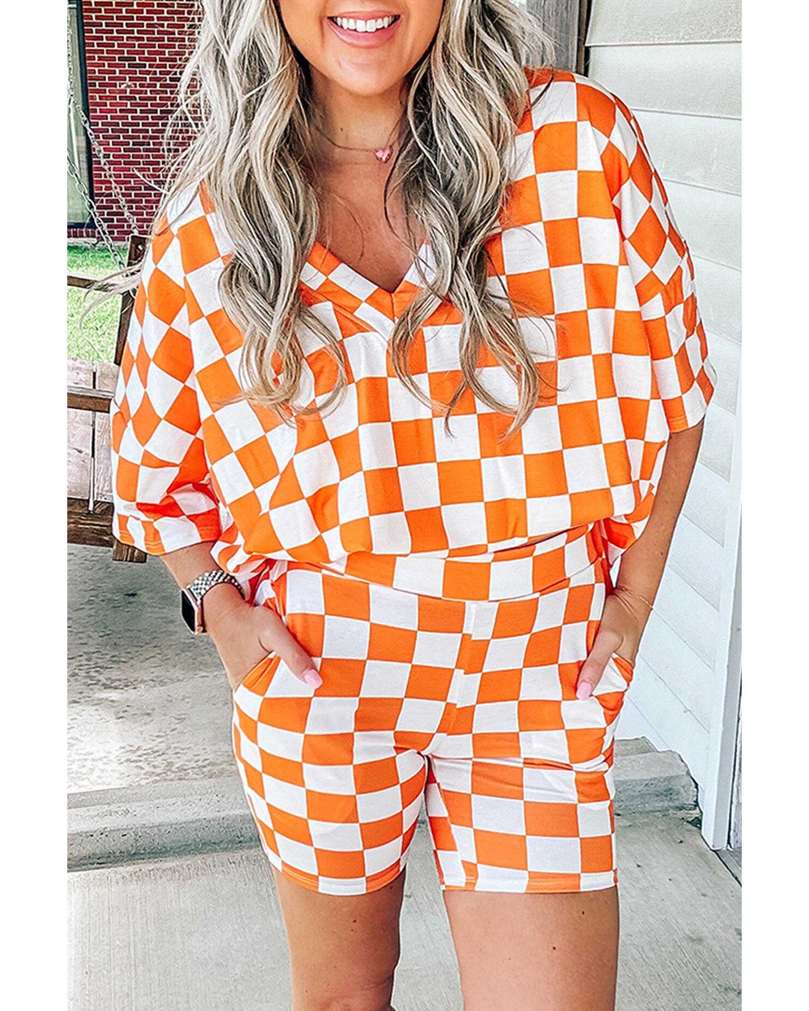 Orange Checkerboard Print V Neck Loose Tee and Shorts Lounge Set - L