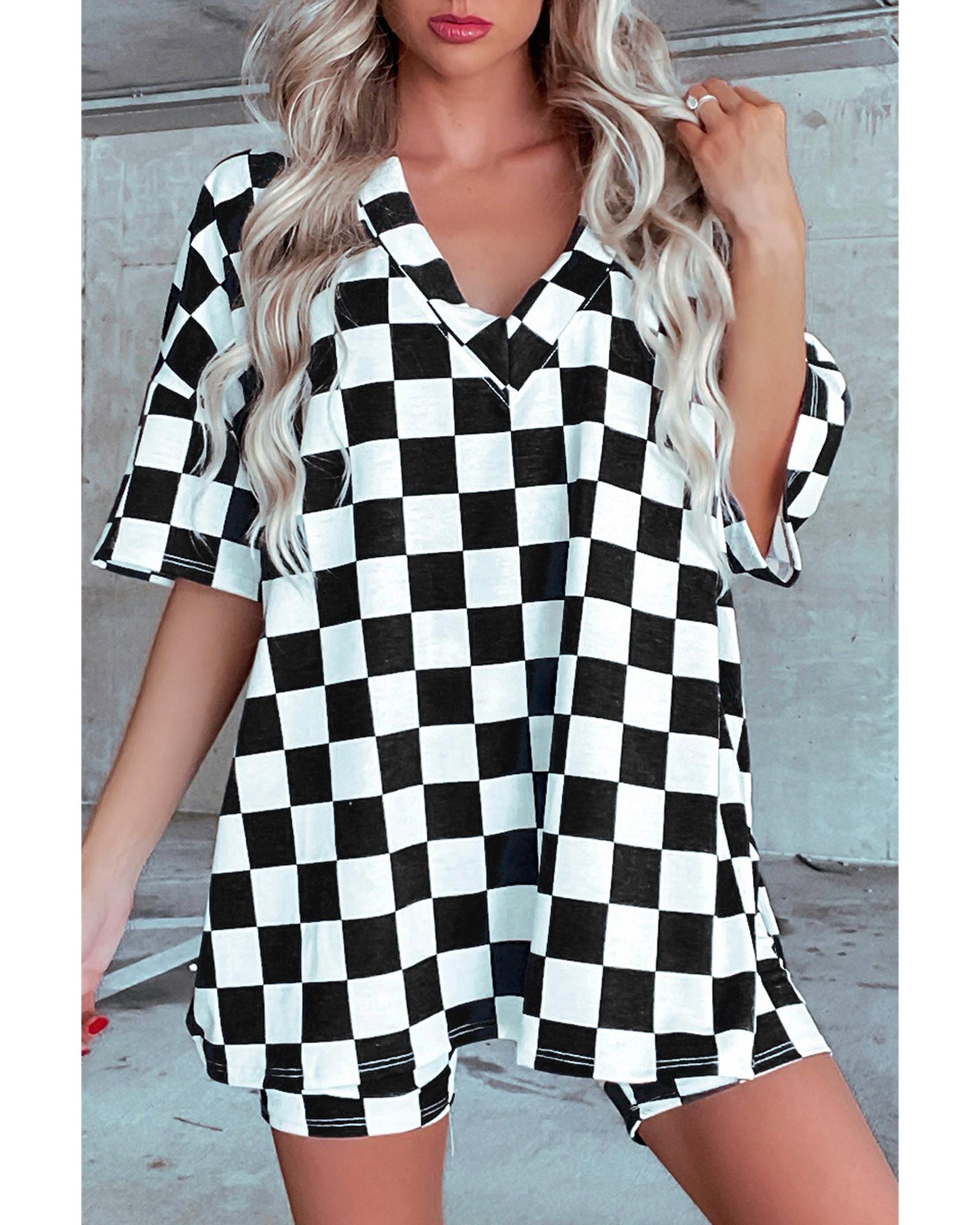 Black Checkerboard Print V Neck Loose Tee and Shorts Lounge Set - XL