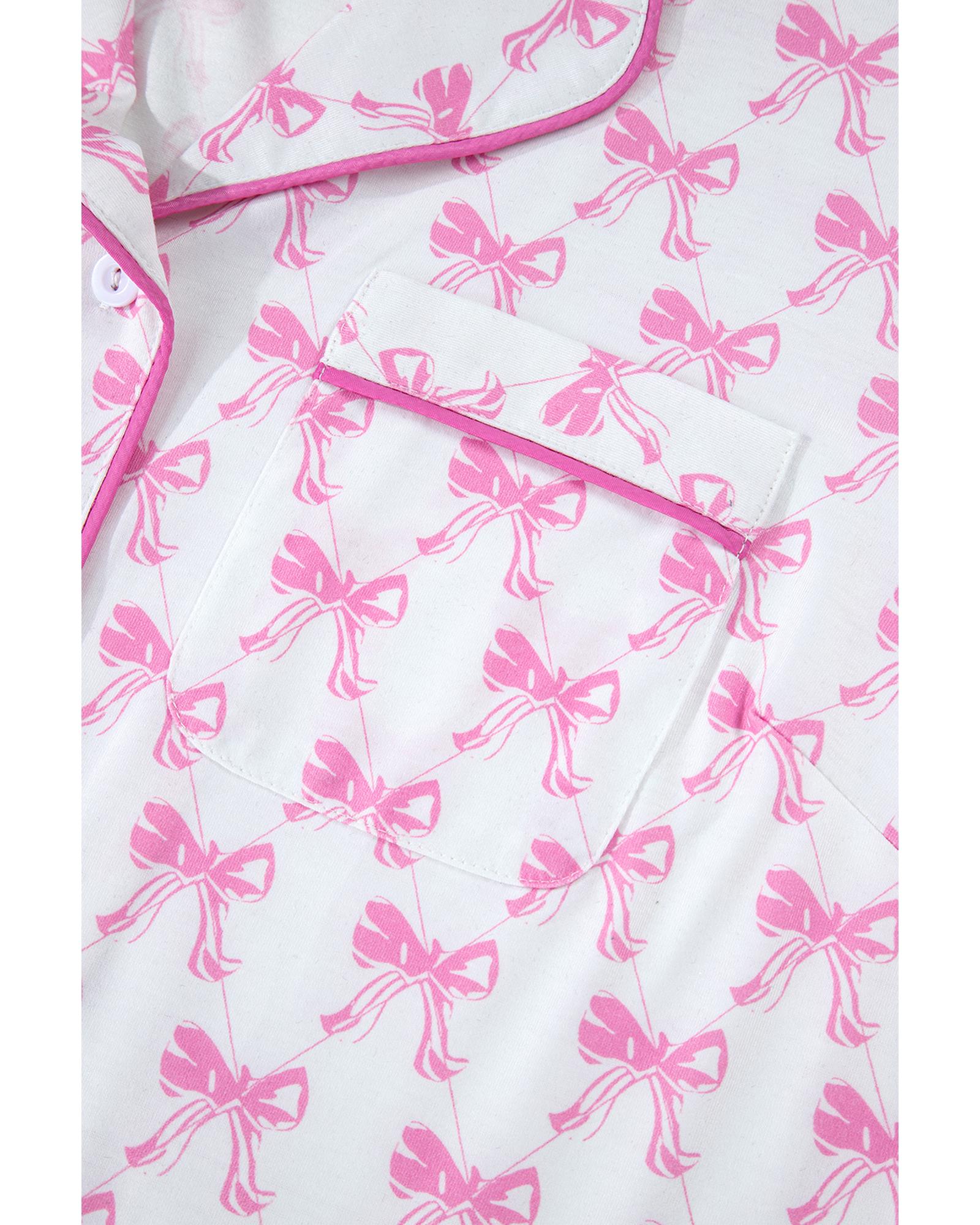 Pink Bowknot Printed Short Sleeve and Ruffled Shorts Valentines Pajama Set - S