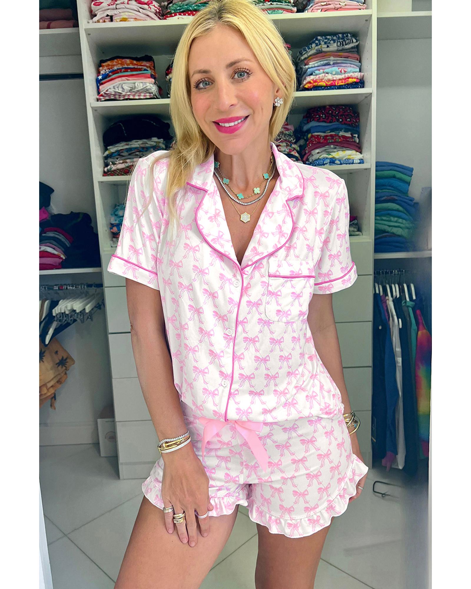 Pink Bowknot Printed Short Sleeve and Ruffled Shorts Valentines Pajama Set - S