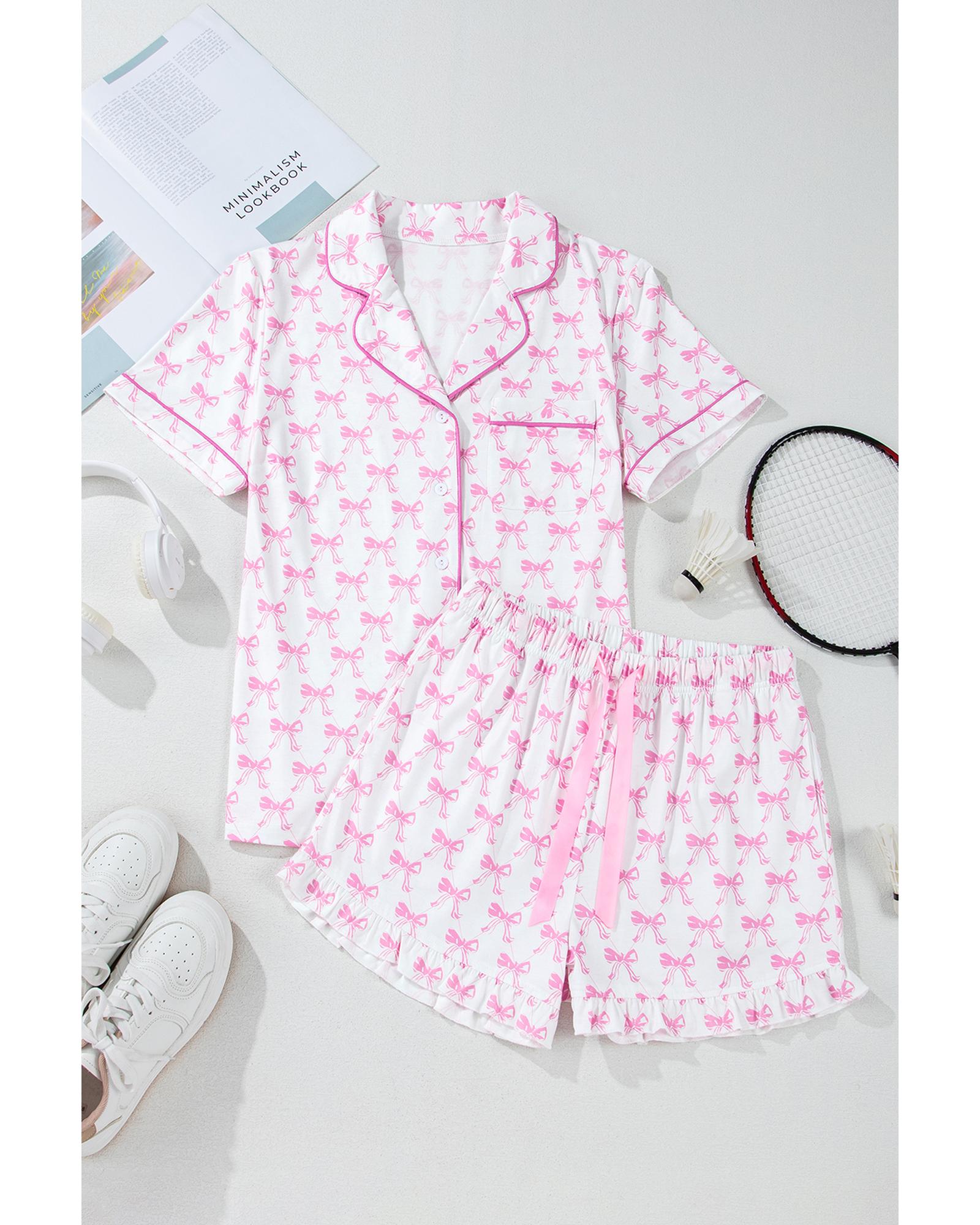 Pink Bowknot Printed Short Sleeve and Ruffled Shorts Valentines Pajama Set - S