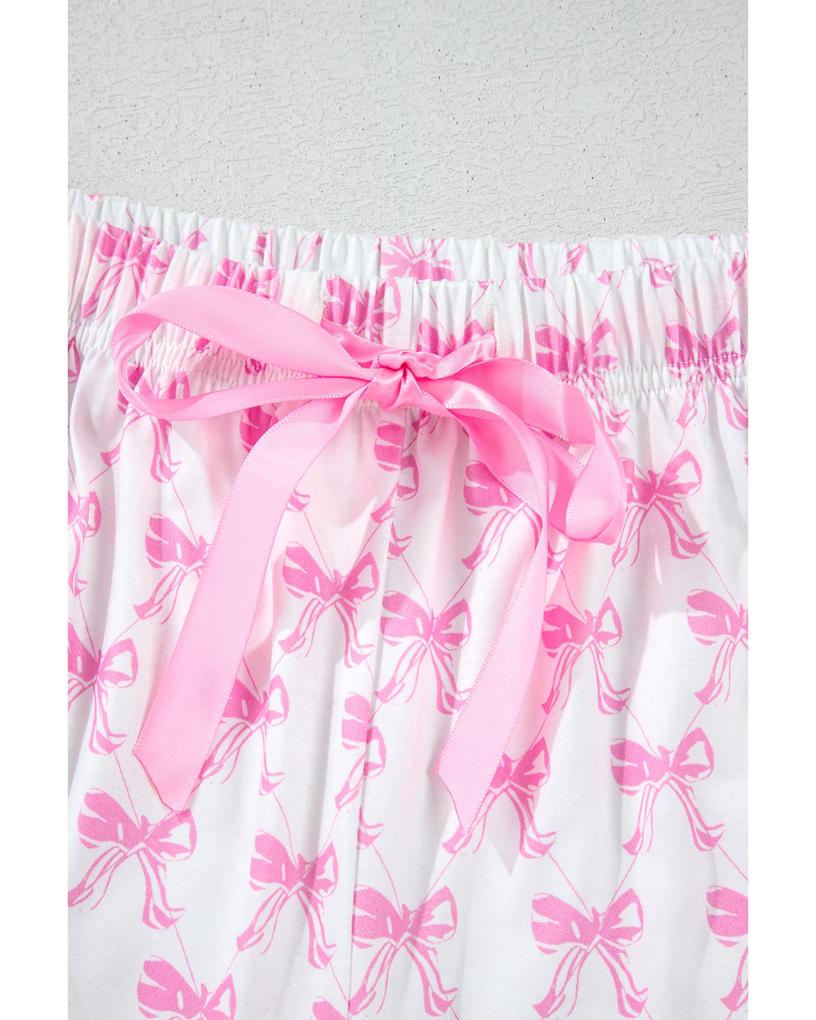 Pink Bowknot Printed Short Sleeve and Ruffled Shorts Valentines Pajama Set - S