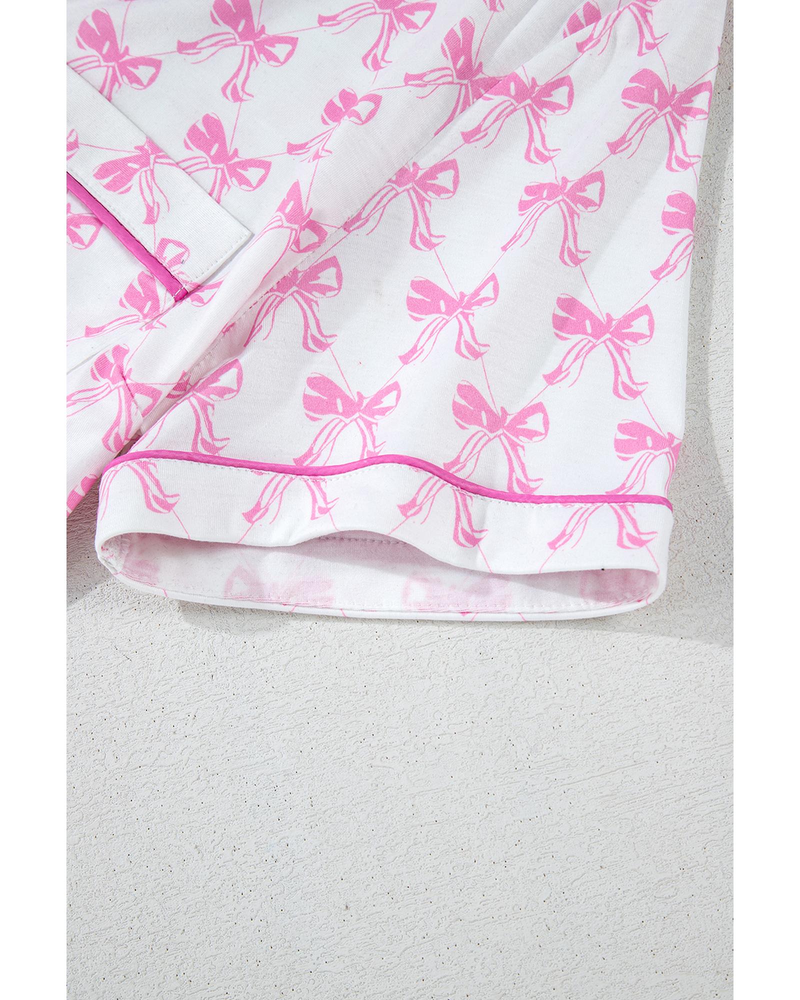 Pink Bowknot Printed Short Sleeve and Ruffled Shorts Valentines Pajama Set - S