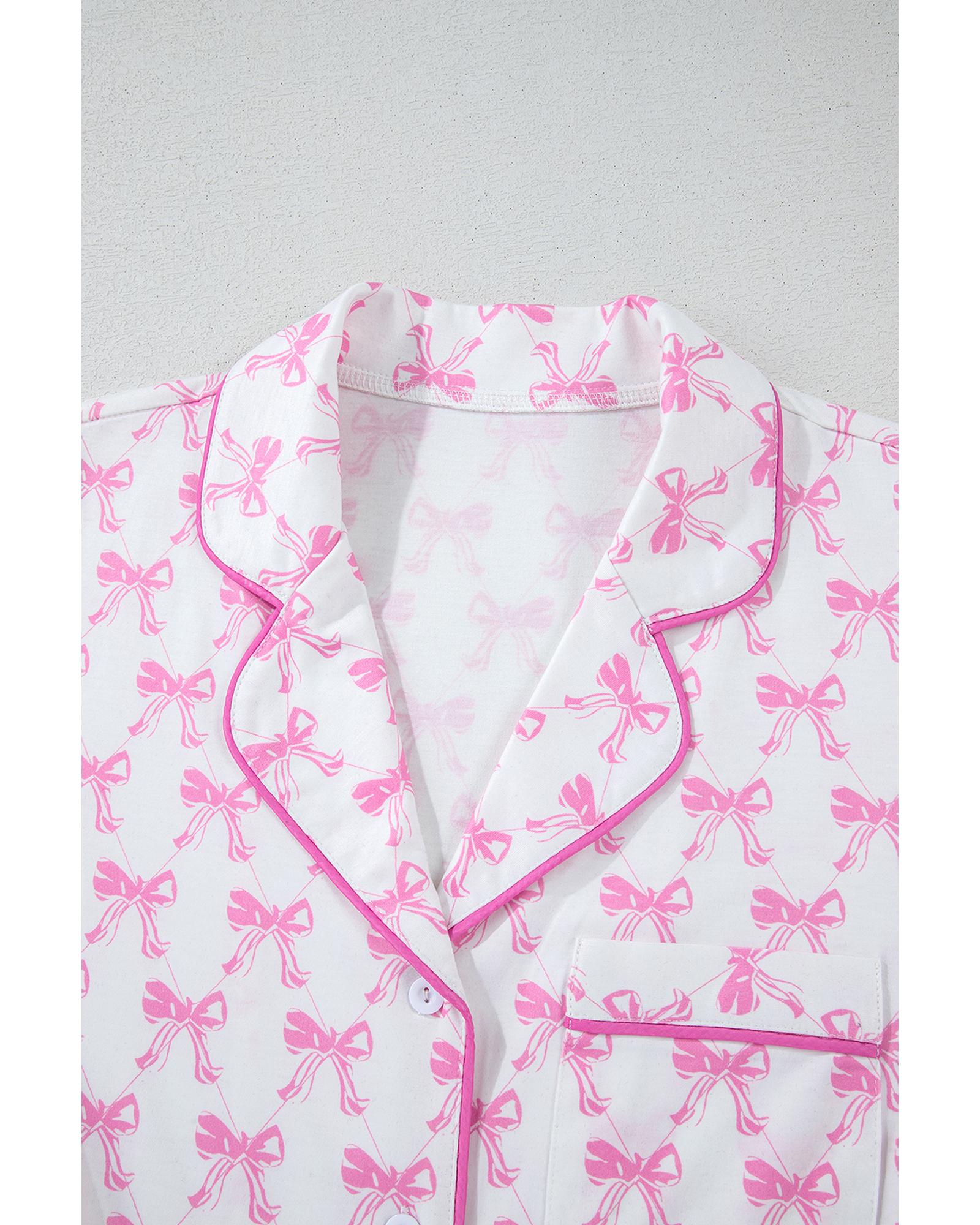 Pink Bowknot Printed Short Sleeve and Ruffled Shorts Valentines Pajama Set - S