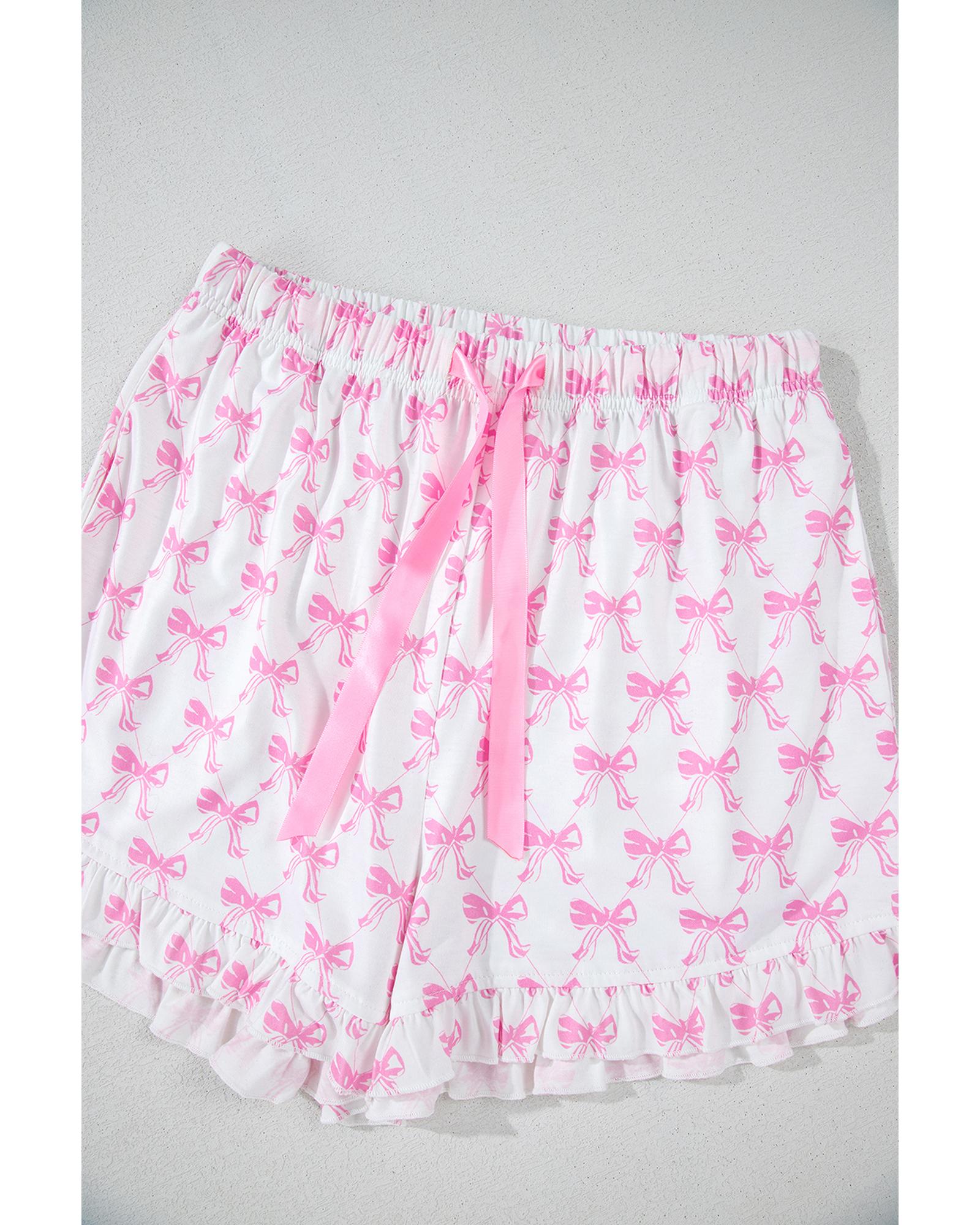Pink Bowknot Printed Short Sleeve and Ruffled Shorts Valentines Pajama Set - S