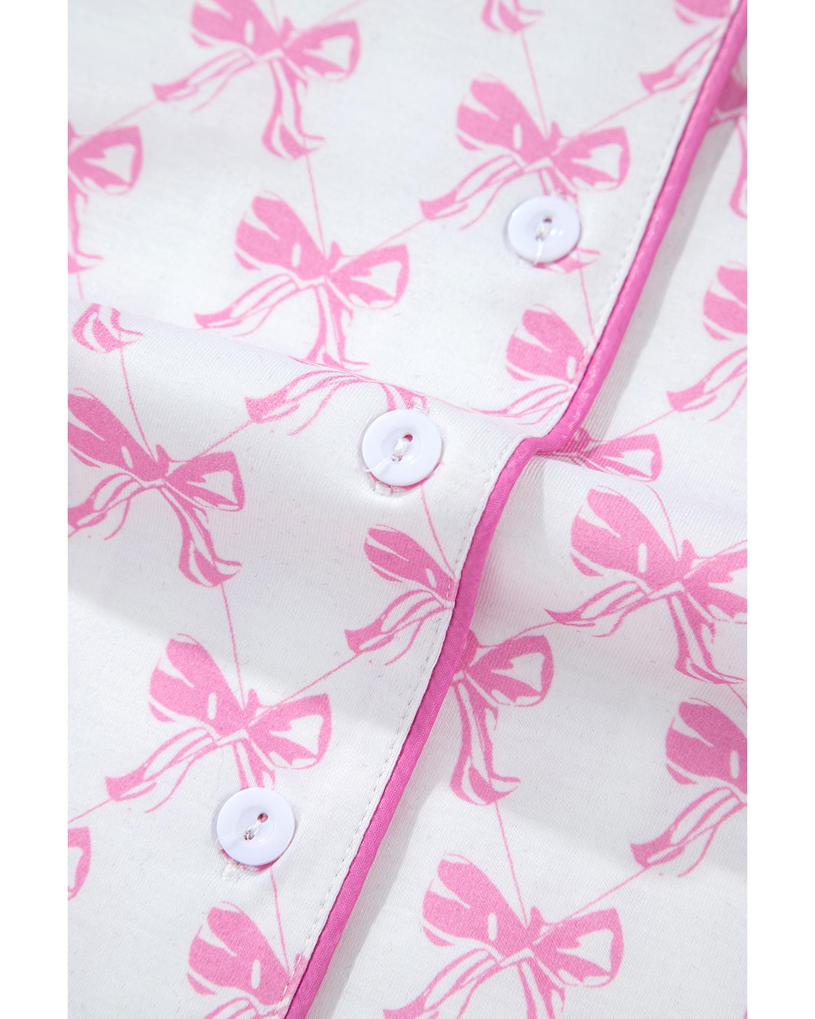 Pink Bowknot Printed Short Sleeve and Ruffled Shorts Valentines Pajama Set - S