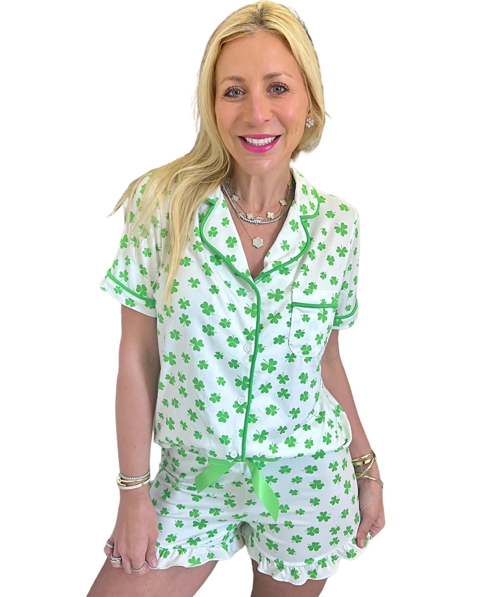 Green Clover Printed Short Sleeve and Ruffled Shorts Pajama Set - L