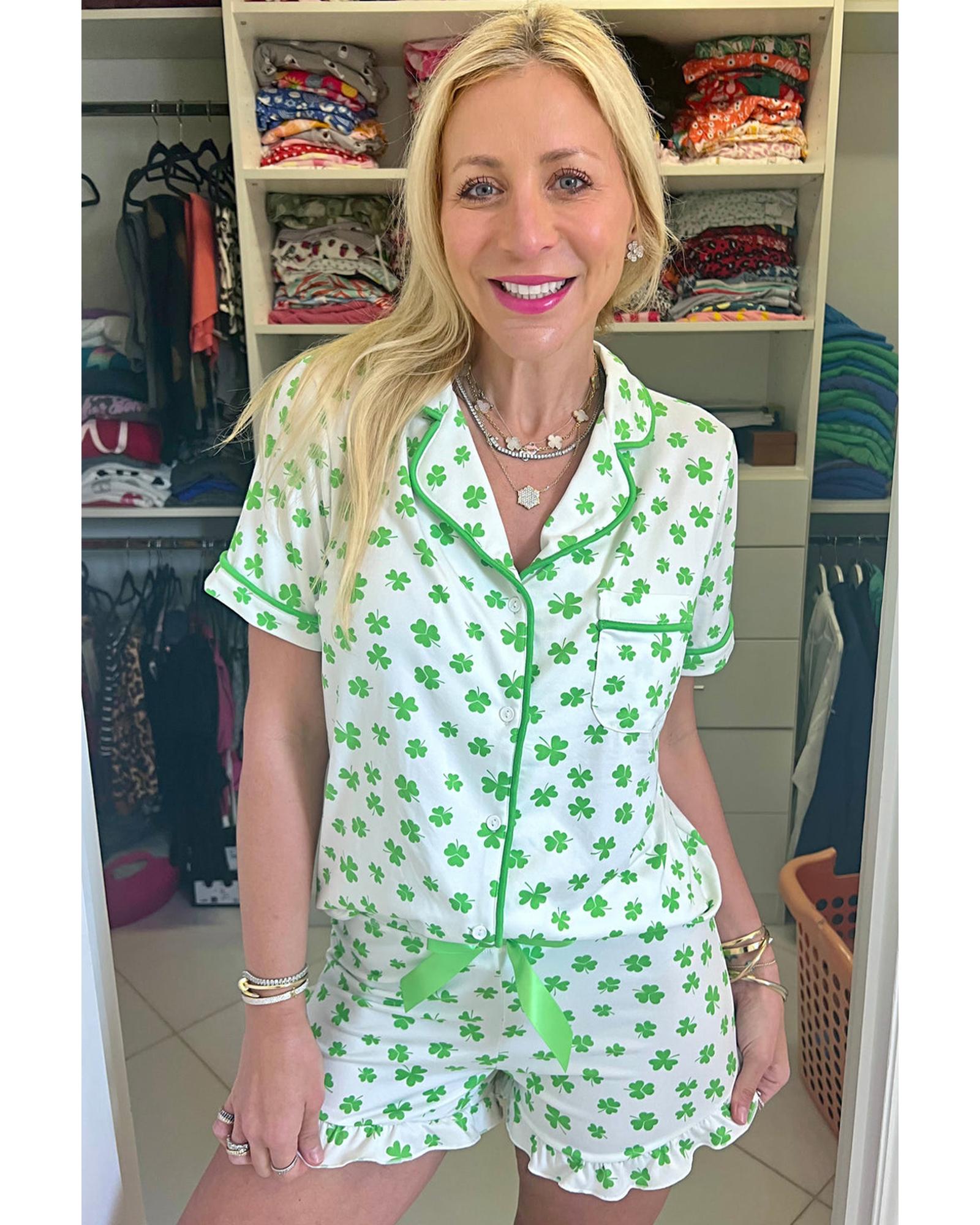 Green Clover Printed Short Sleeve and Ruffled Shorts Pajama Set - S