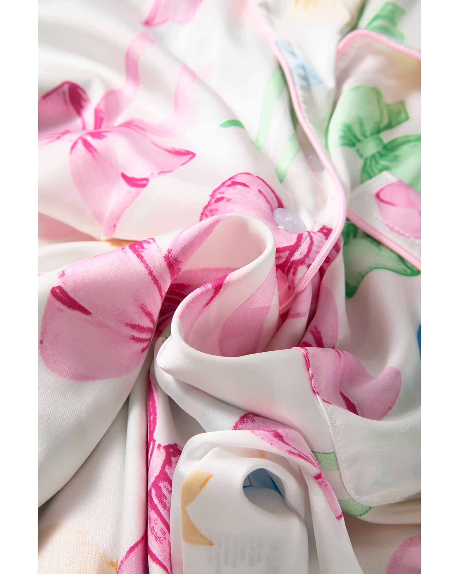 White Bowknot Print Buttoned Shirt High Waist Shorts Pajama Set - L