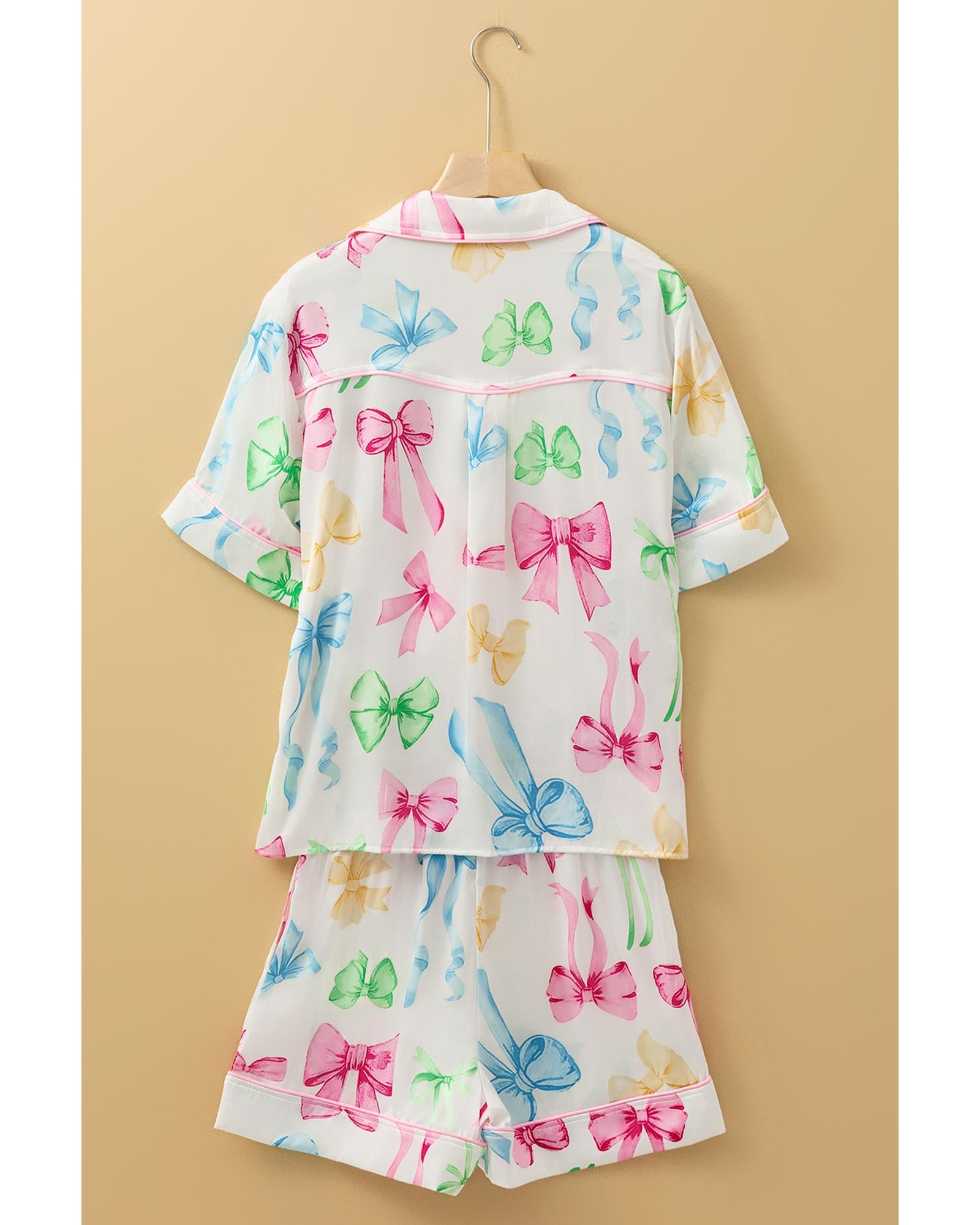 White Bowknot Print Buttoned Shirt High Waist Shorts Pajama Set - M