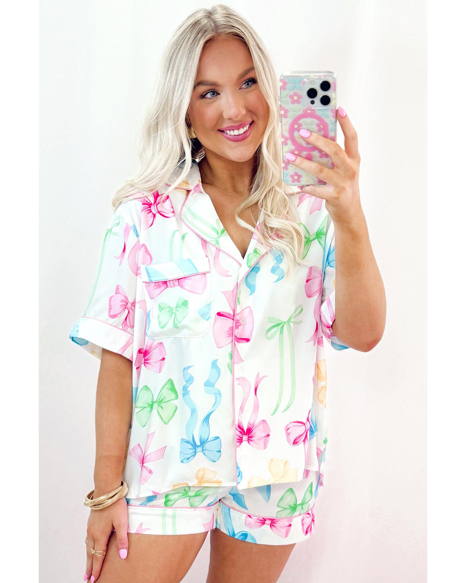 White Bowknot Print Buttoned Shirt High Waist Shorts Pajama Set - M