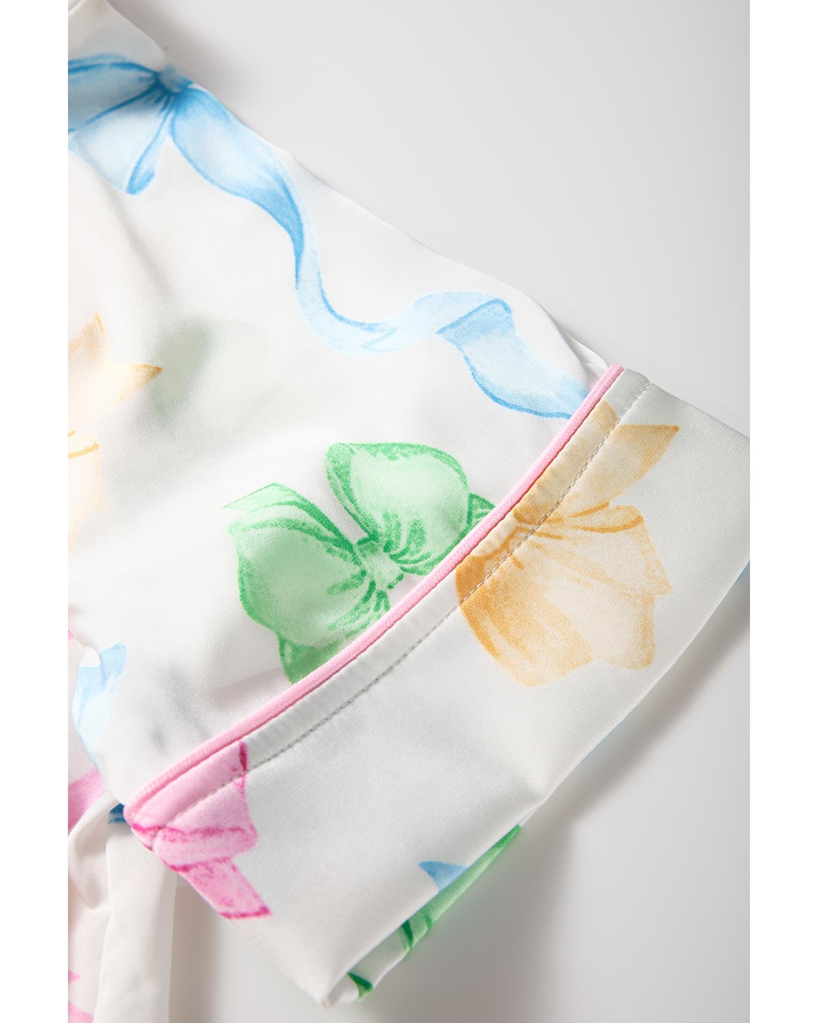 White Bowknot Print Buttoned Shirt High Waist Shorts Pajama Set - M