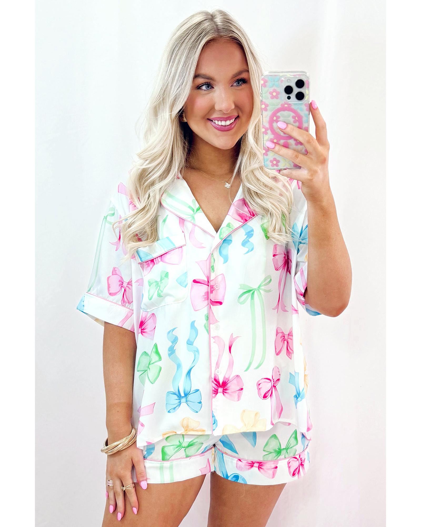 White Bowknot Print Buttoned Shirt High Waist Shorts Pajama Set - M