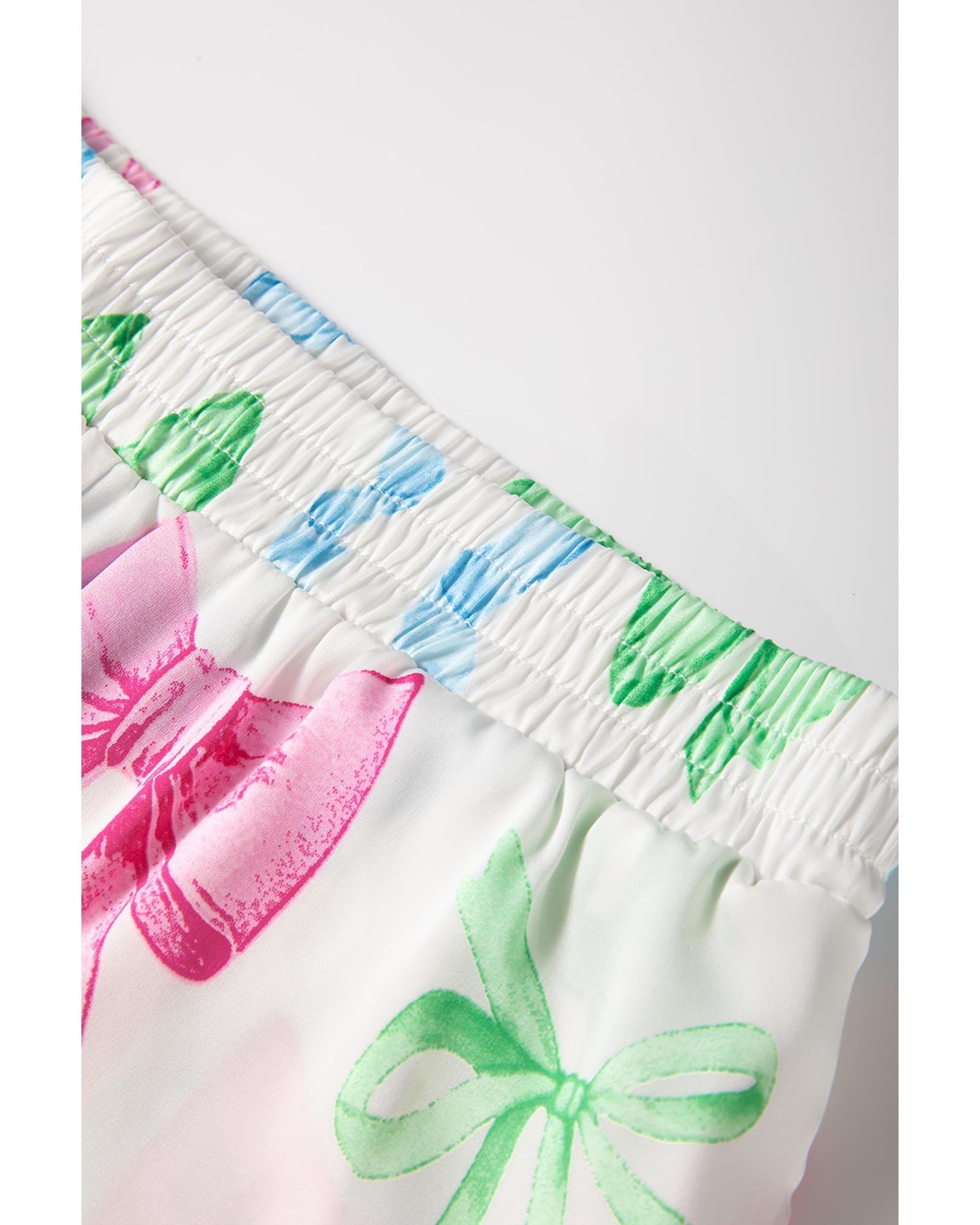 White Bowknot Print Buttoned Shirt High Waist Shorts Pajama Set - XL