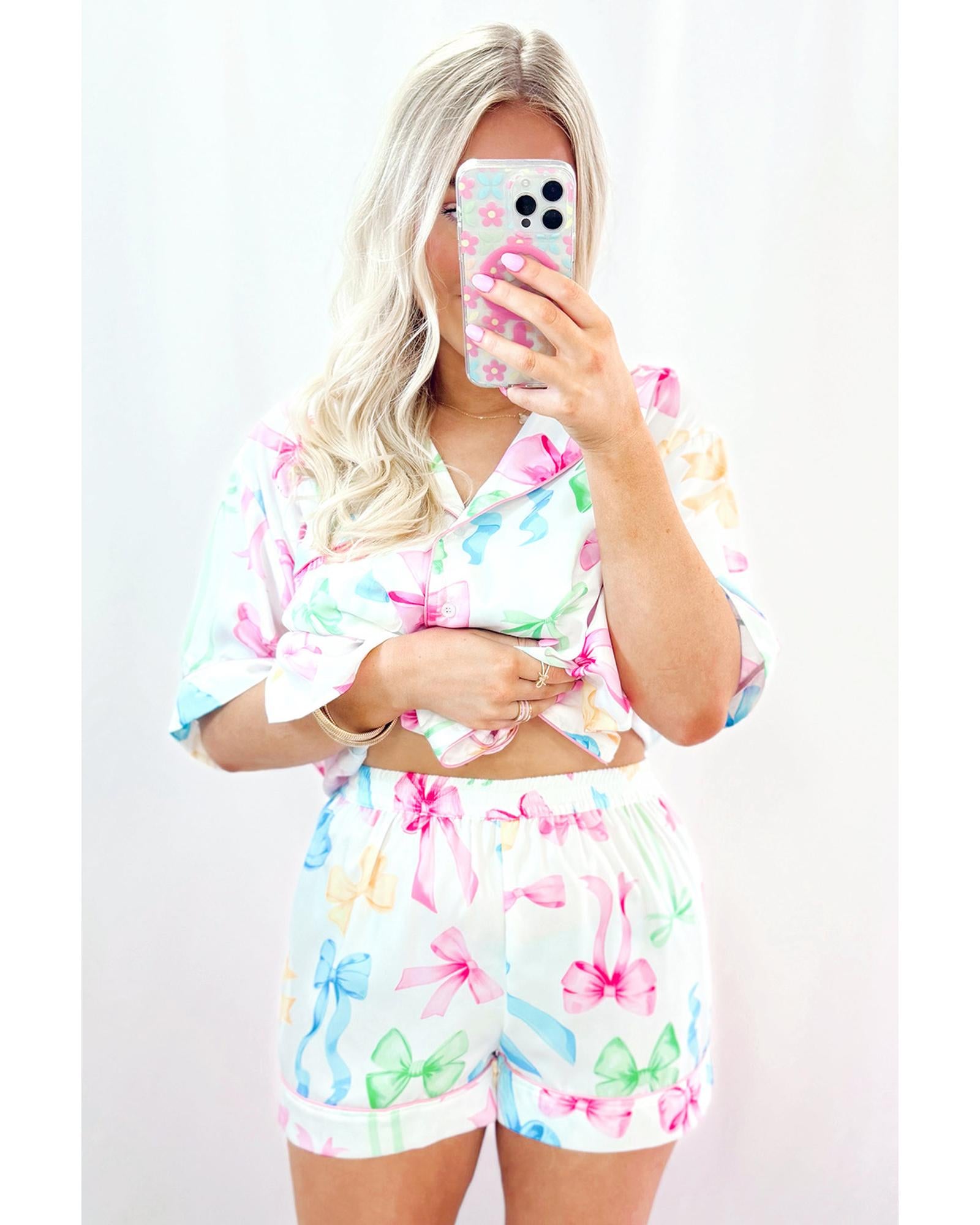 White Bowknot Print Buttoned Shirt High Waist Shorts Pajama Set - XL