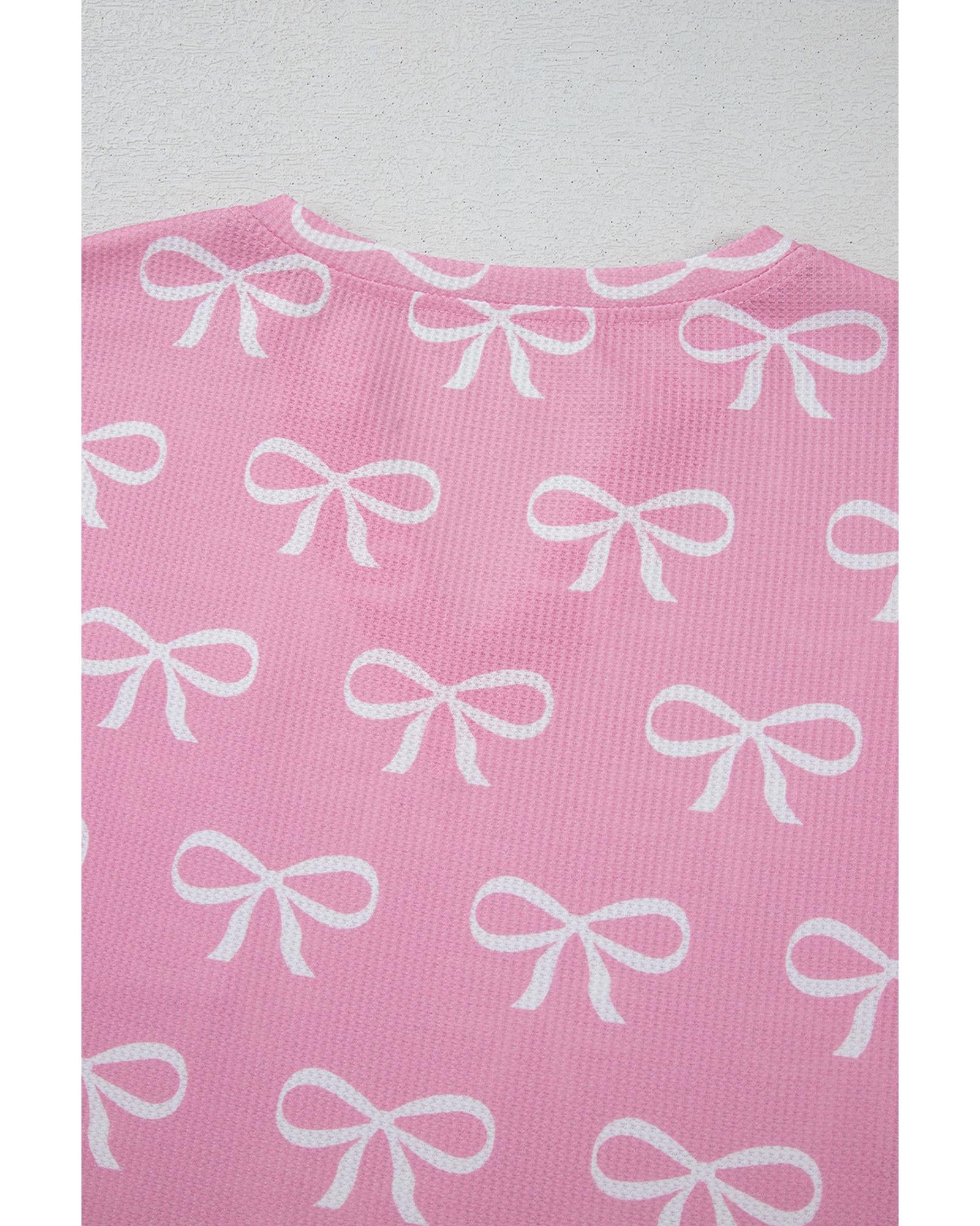 Pink Waffle Knit Bowknot Printed V Neck T Shirt and Shorts Set - M