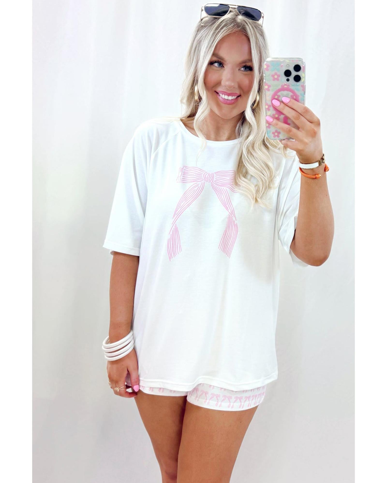 Pink Bow Knot Print Loose Fit Two Piece Casual Lounge Set - XL