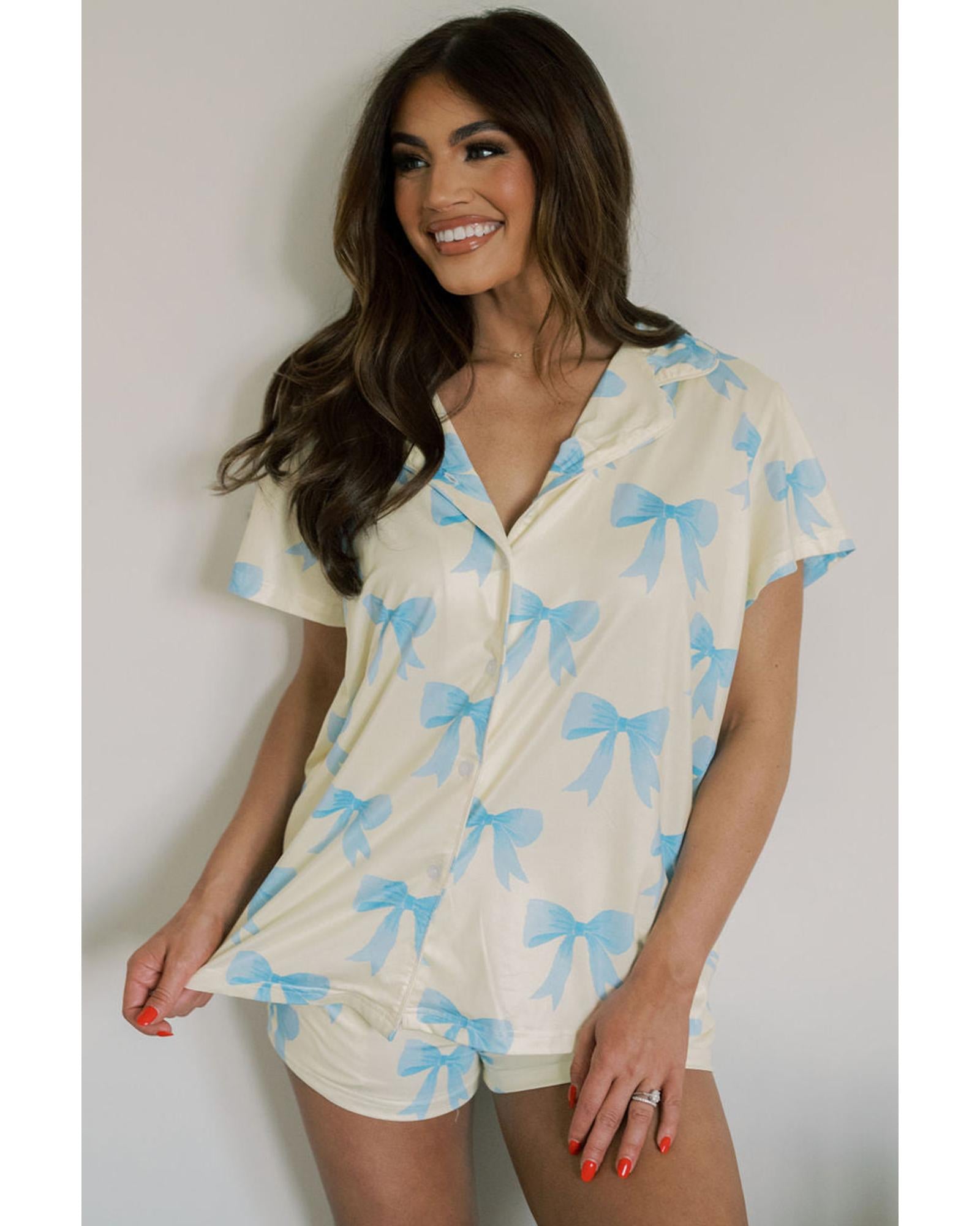Yellow Bow Printed Short Sleeve Shirt Shorts Pajama Set - M