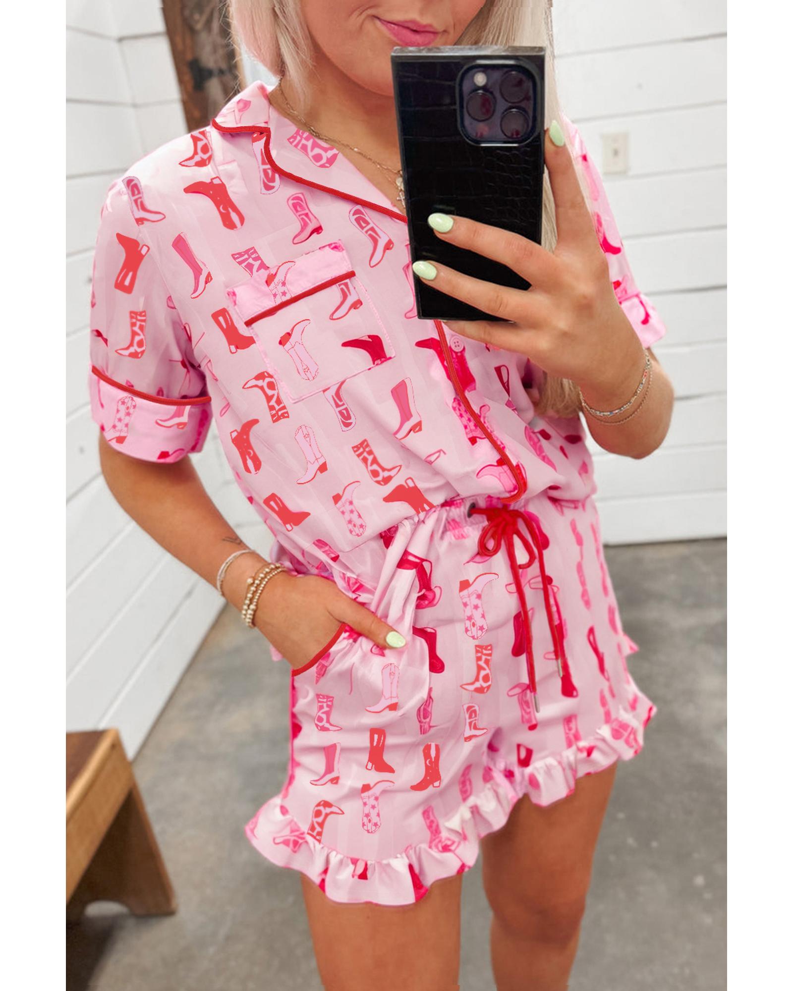 Pink Western Cowgirl Boots Printed Shirt Ruffled Shorts Pajama Set - M