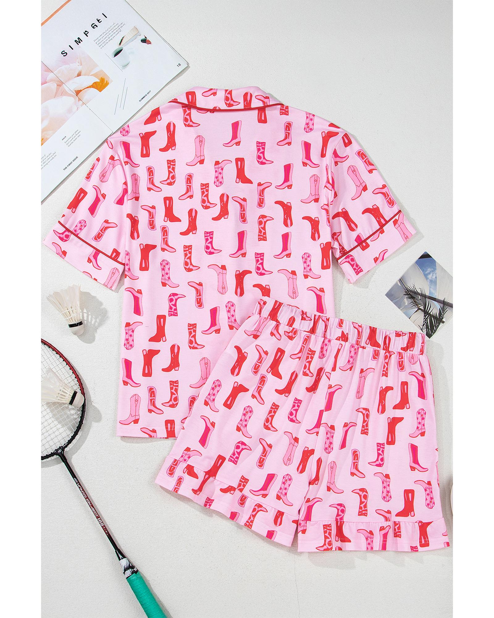 Pink Western Cowgirl Boots Printed Shirt Ruffled Shorts Pajama Set - M
