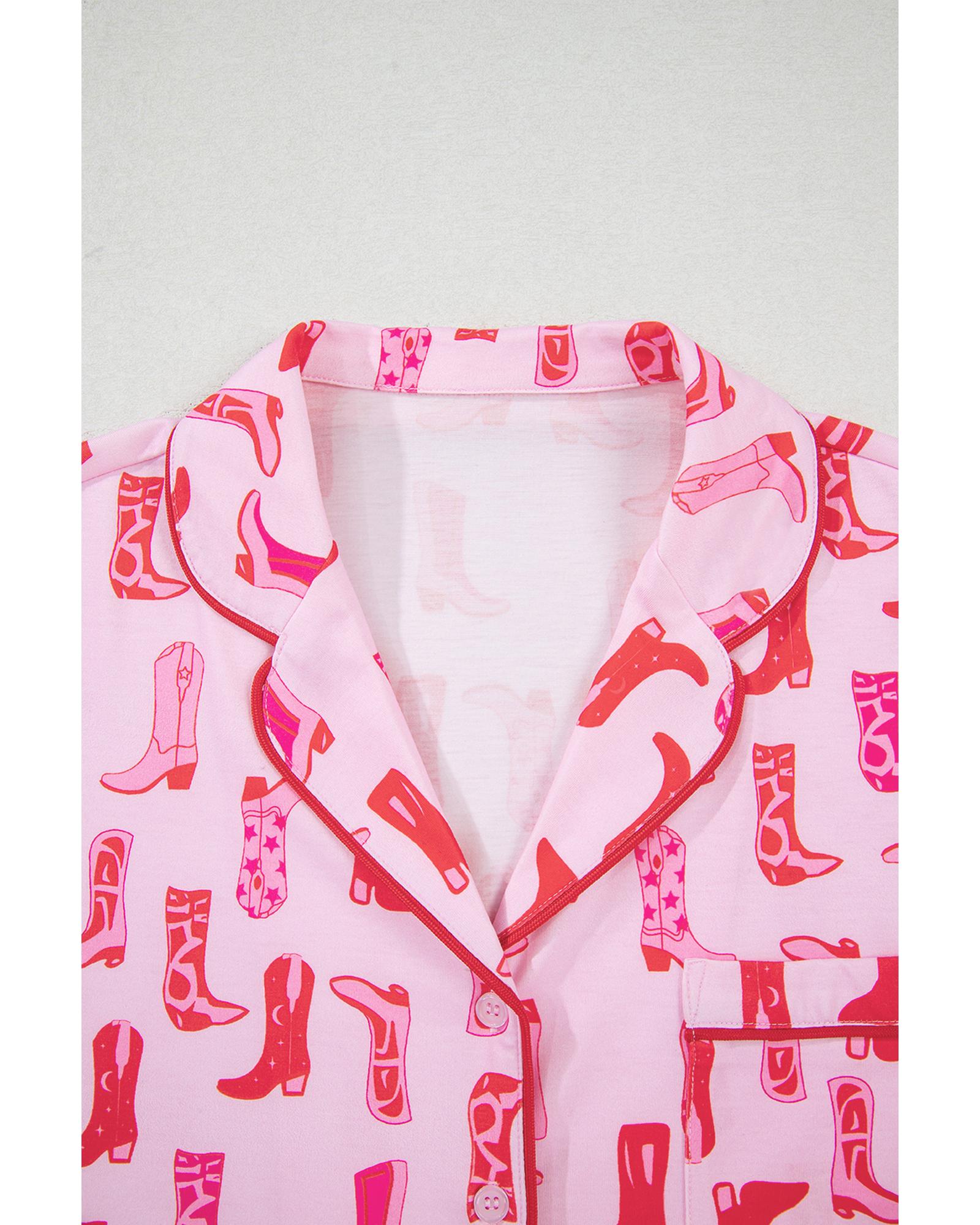 Pink Western Cowgirl Boots Printed Shirt Ruffled Shorts Pajama Set - M