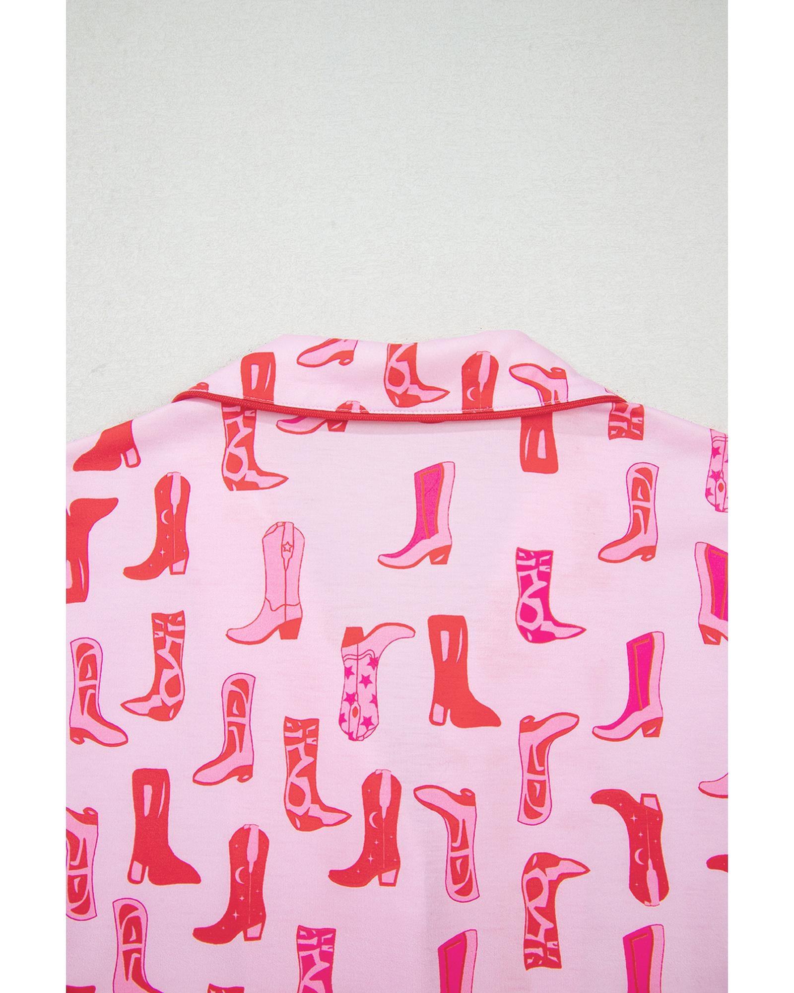 Pink Western Cowgirl Boots Printed Shirt Ruffled Shorts Pajama Set - M