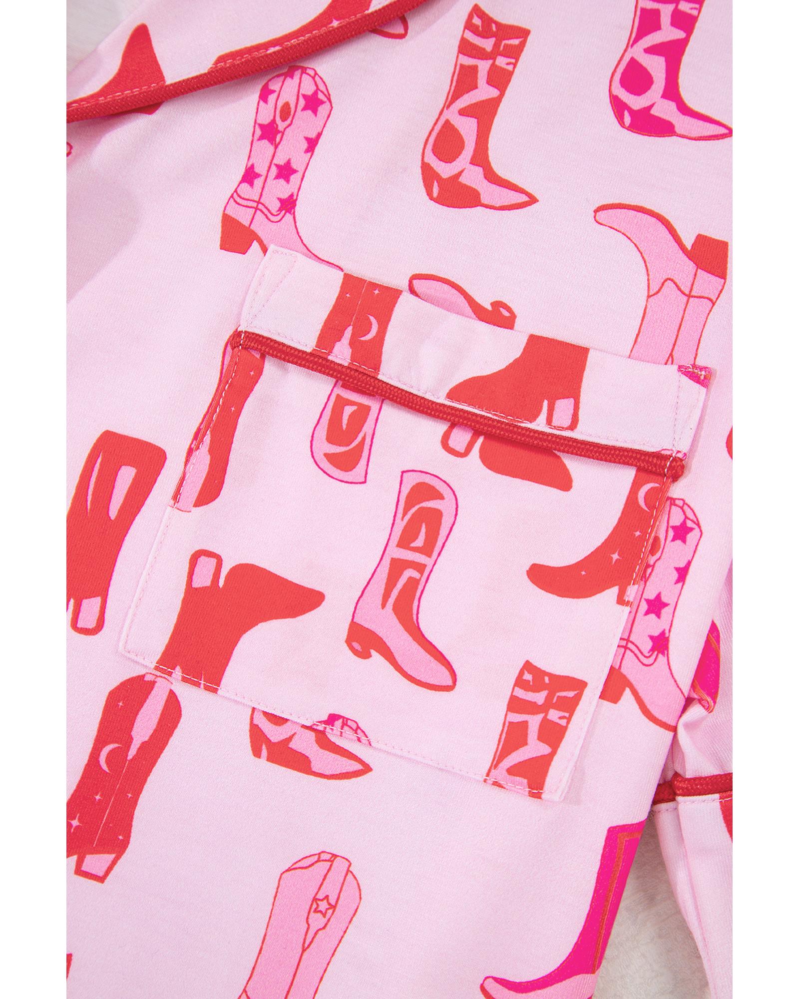 Pink Western Cowgirl Boots Printed Shirt Ruffled Shorts Pajama Set - M