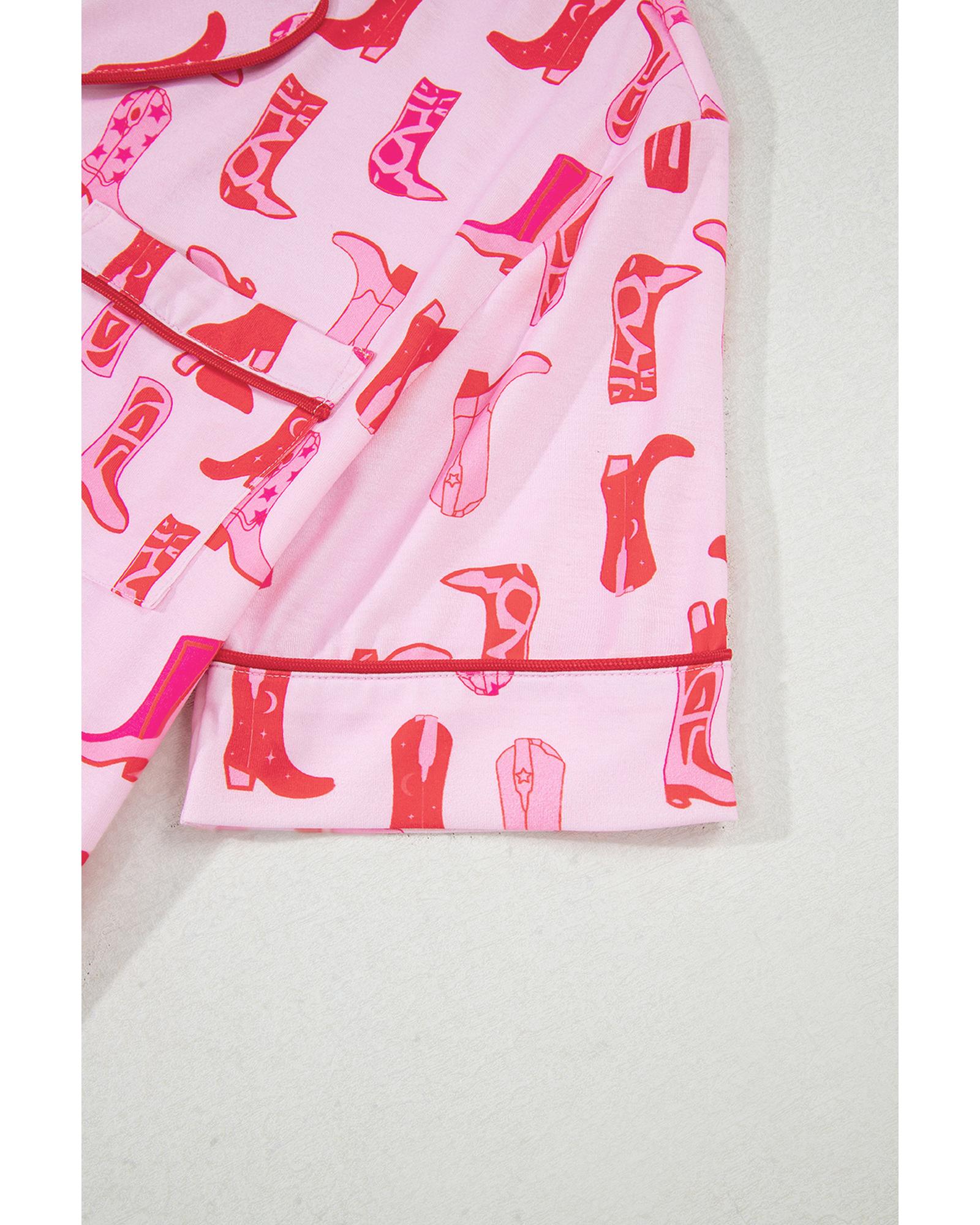 Pink Western Cowgirl Boots Printed Shirt Ruffled Shorts Pajama Set - M