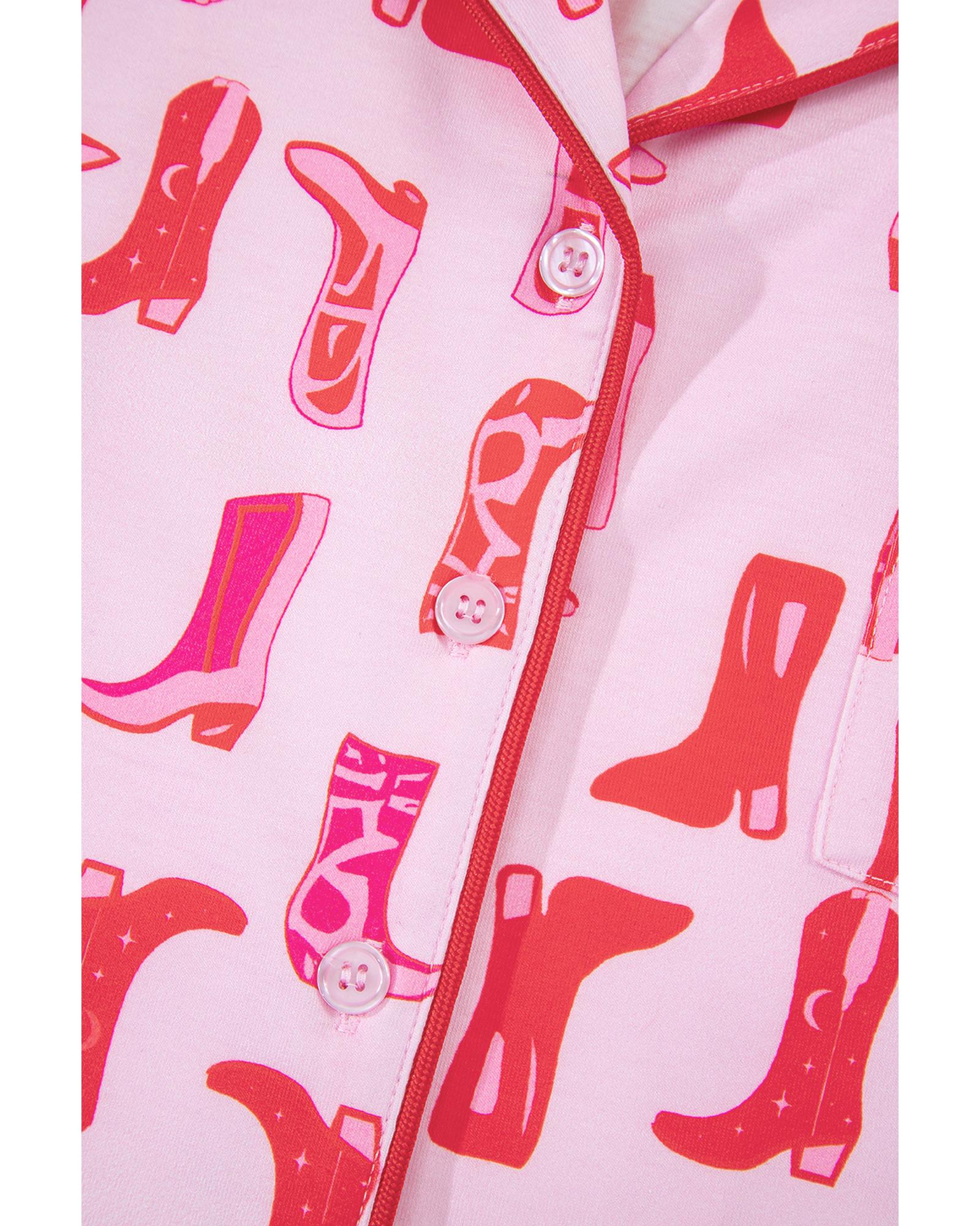 Pink Western Cowgirl Boots Printed Shirt Ruffled Shorts Pajama Set - M
