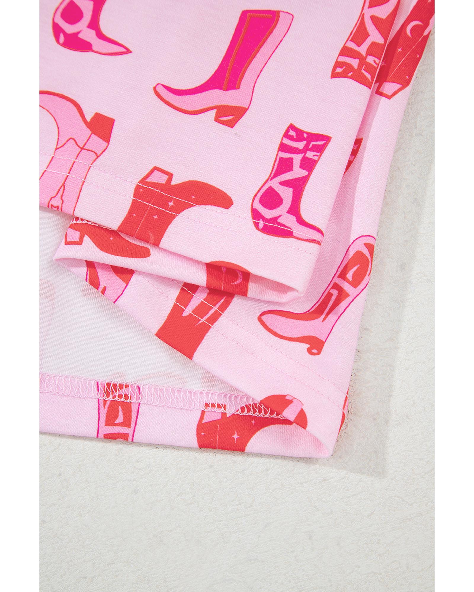 Pink Western Cowgirl Boots Printed Shirt Ruffled Shorts Pajama Set - M